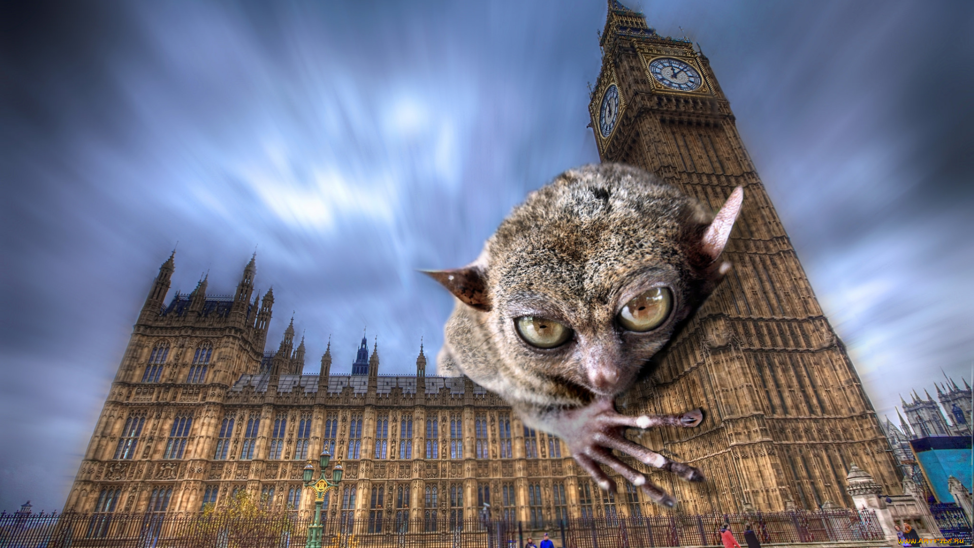 monster, tarsier, in, london, разное, компьютерный, дизайн, зверь, город