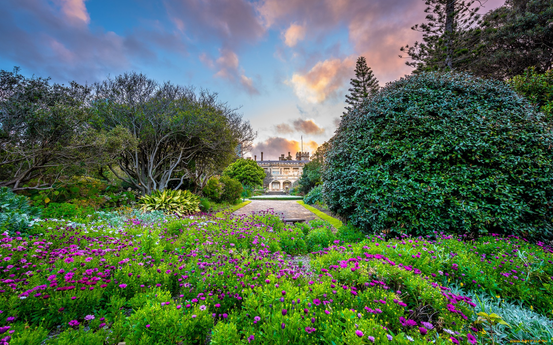 города, -, пейзажи, the, royal, botanic, gardens, sydney, government, house, здание, природа, сад