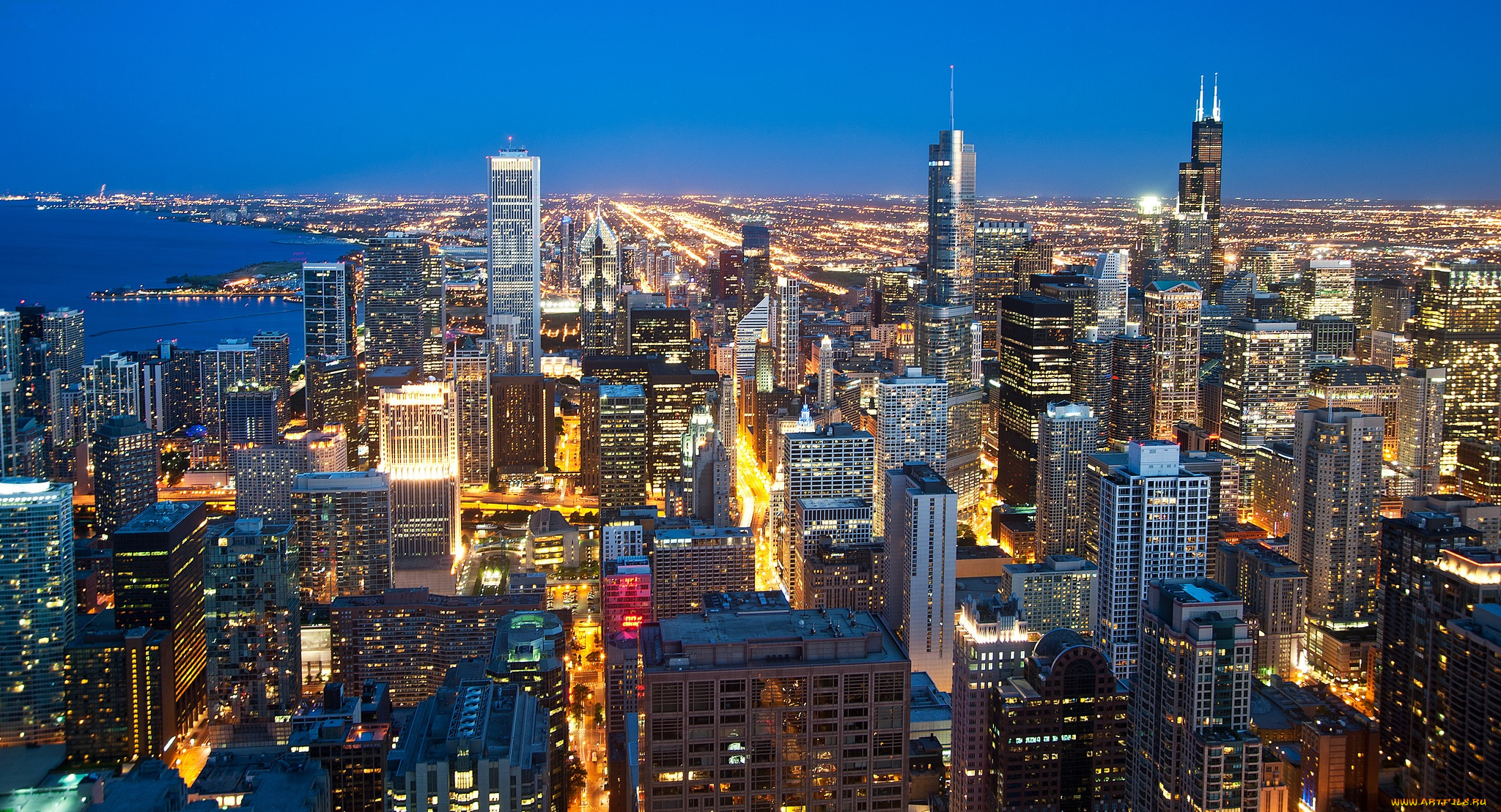 chicago, города, Чикаго, , сша, огни, ночь, панорама