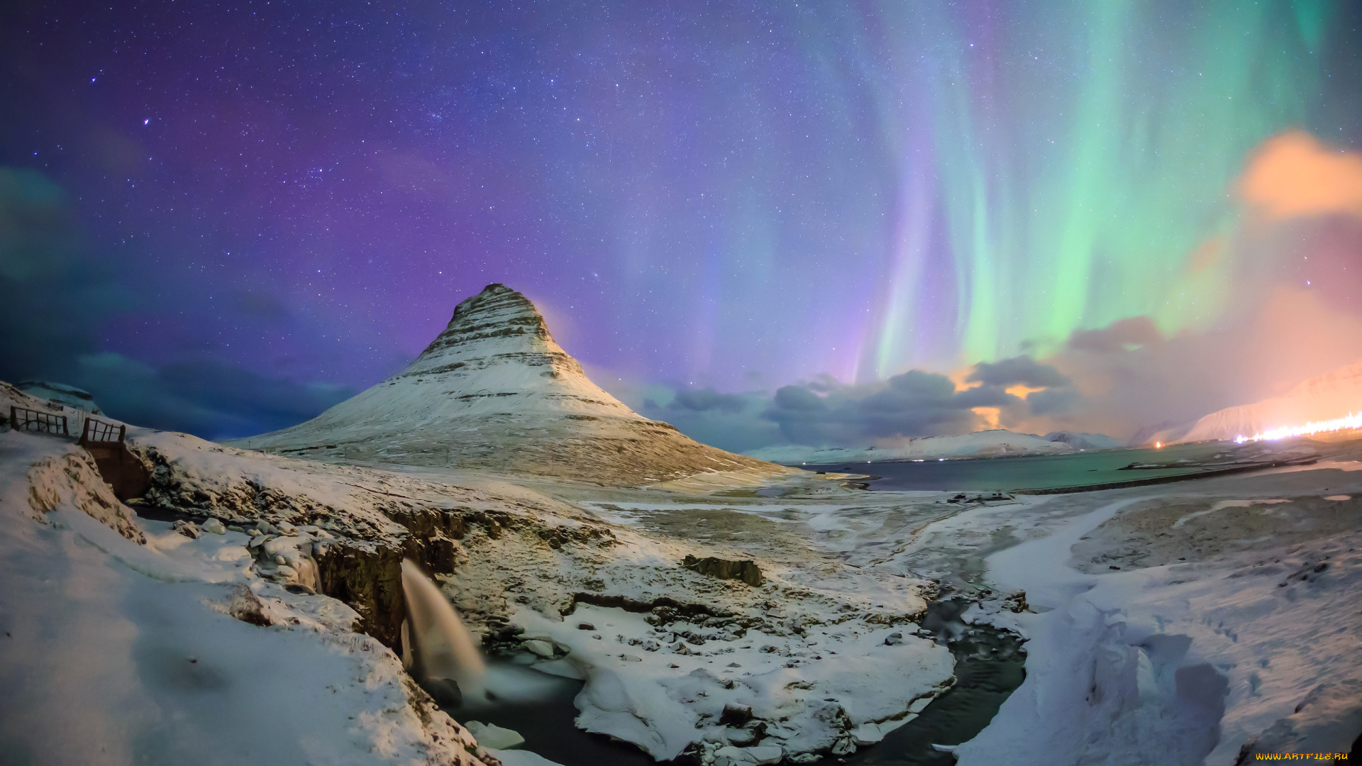 природа, северное, сияние, северное, сияние, звезды, небо, ночь, зима, снег, водопад, ручей, гора, kirkjufell, исландия