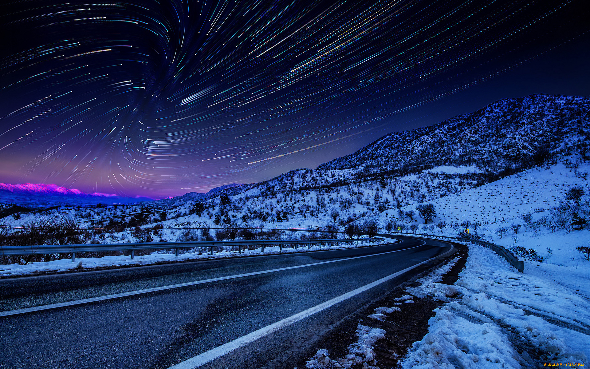 природа, дороги, снег, горы, трасса, шоссе, дорога, звезды