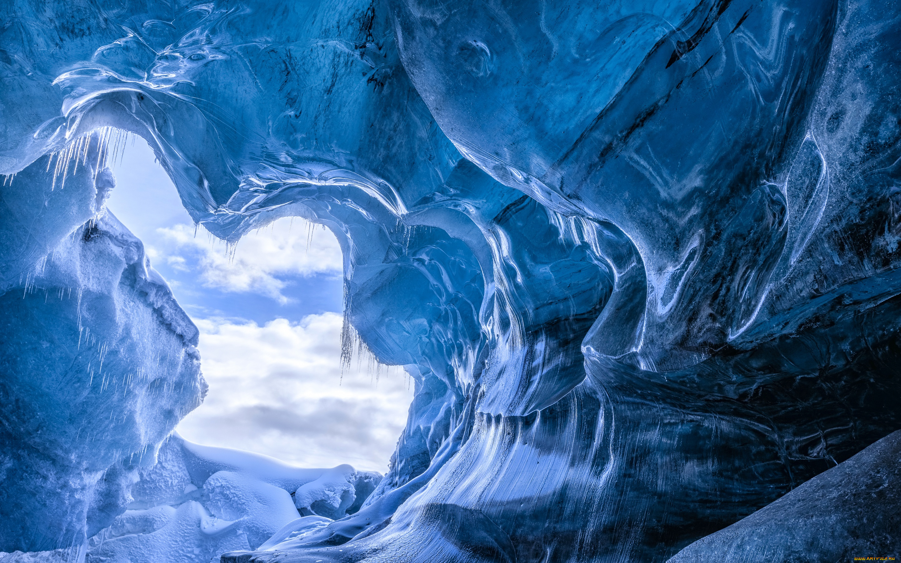 природа, айсберги, и, ледники, грот, снег, исландия, зима, сосульки, пещера, лёд