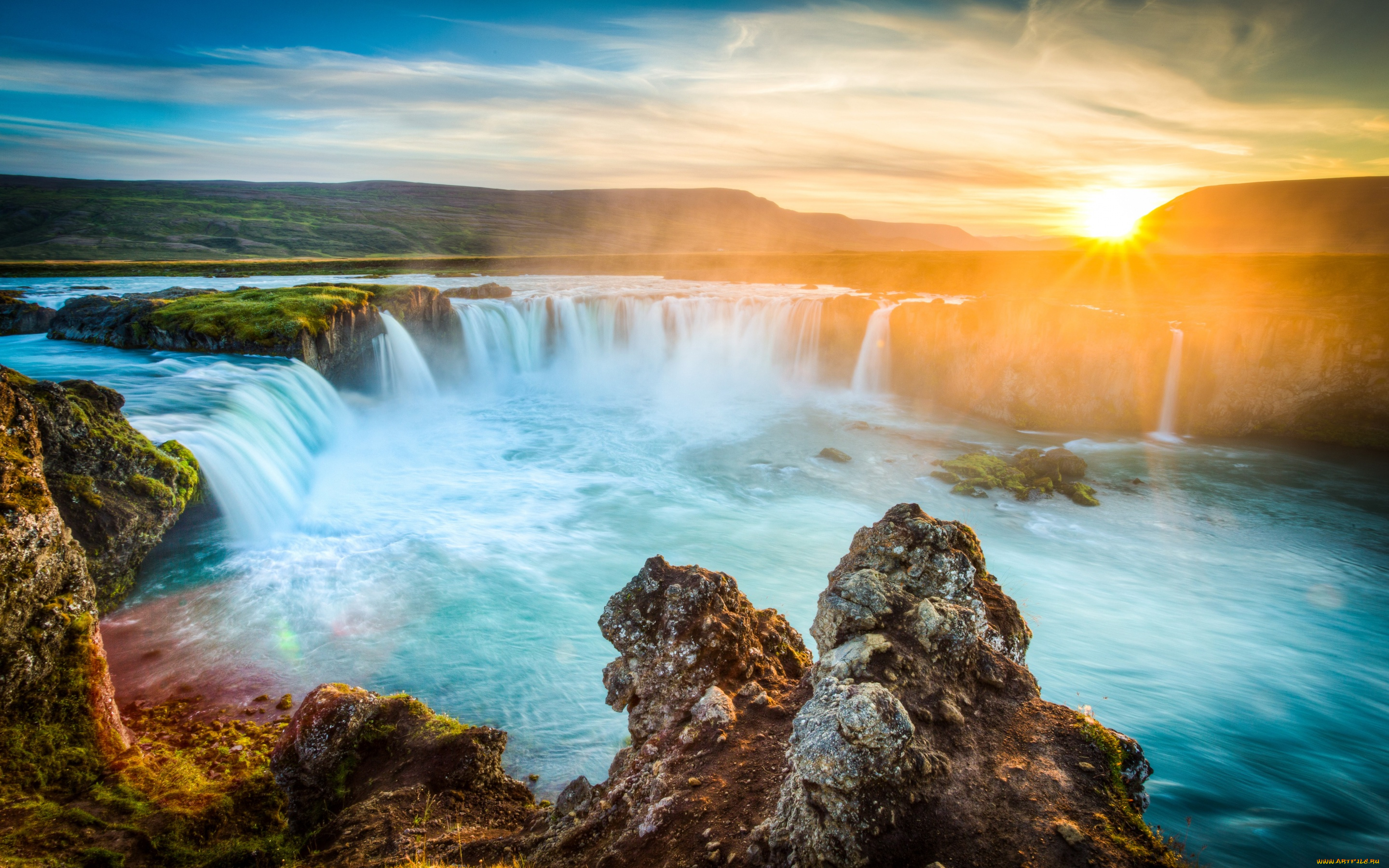 природа, восходы, закаты, godafoss, солнце, исландия, водопад, рассвет