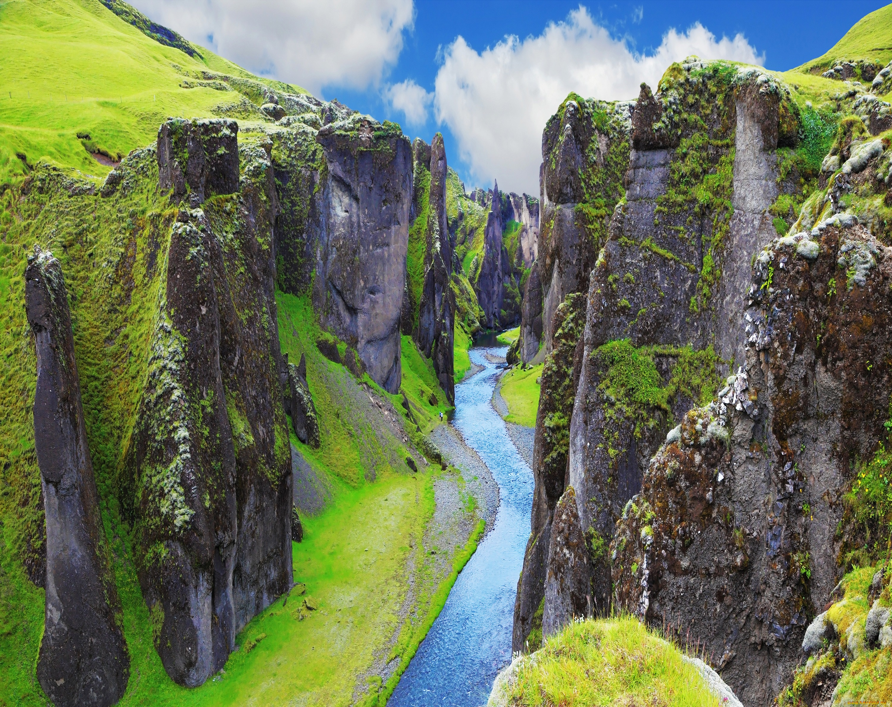 природа, реки, озера, река, исландия, fjadrargljufur, canyon, скалы, зелень, каньон