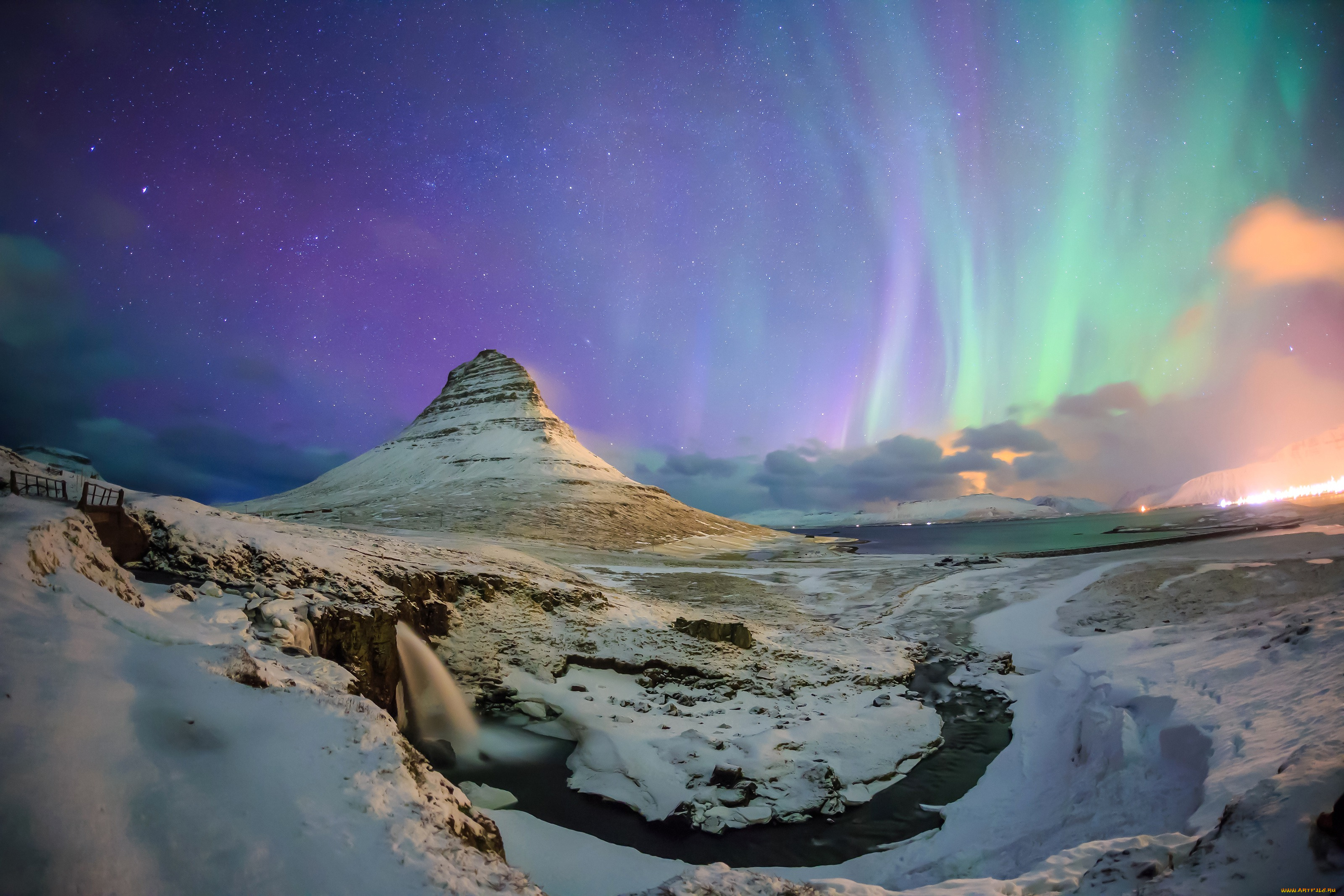 природа, северное, сияние, северное, сияние, звезды, небо, ночь, зима, снег, водопад, ручей, гора, kirkjufell, исландия