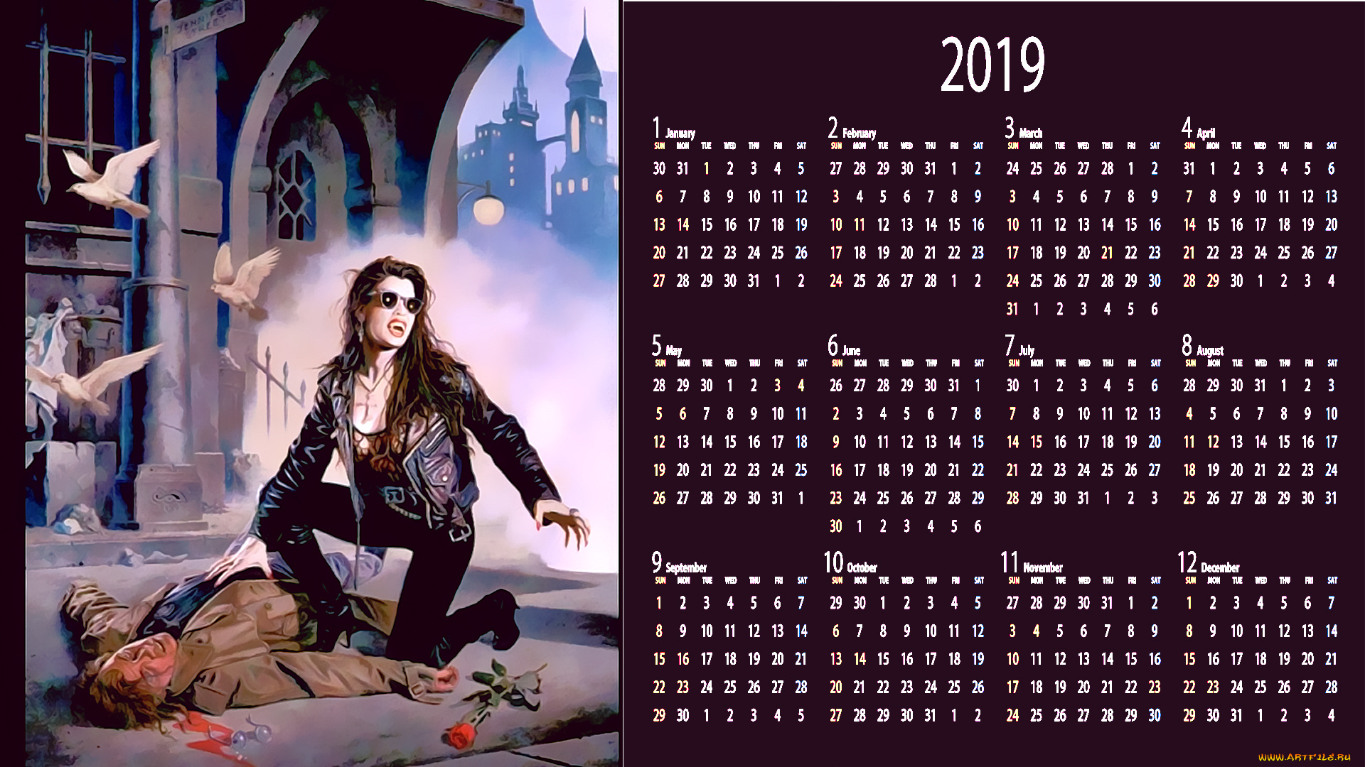 календари, фэнтези, девушка, мужчина, очки, вампир, цветок, птица