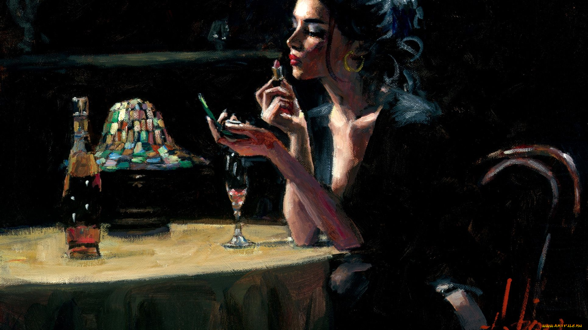 рисованное, fabian, perez, девушка, помада, стол, бокал, бутылка