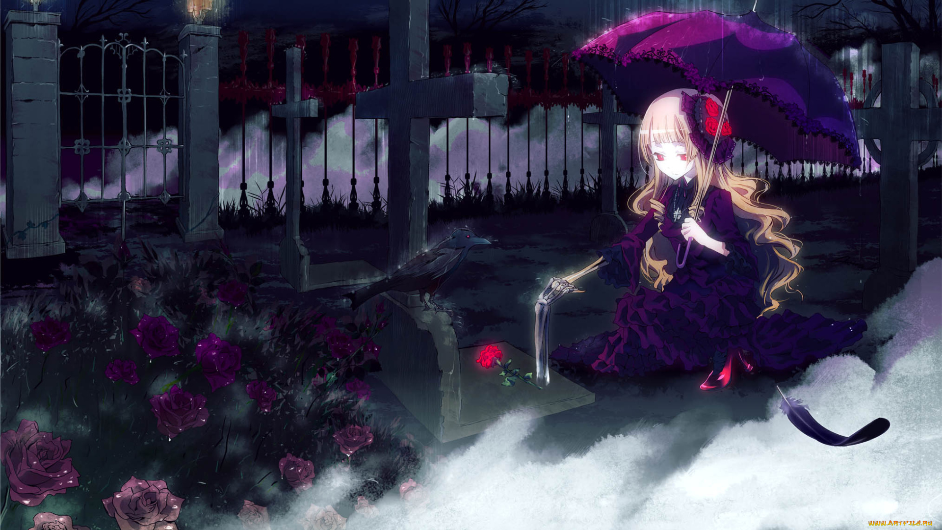 аниме, *unknown, другое, могила, крест, ворон, зонт, дождь, ночь, розы, девушка