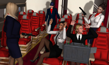 Картинка stewardesses 3д+графика фантазия+ fantasy девушки салон оружие взгляд
