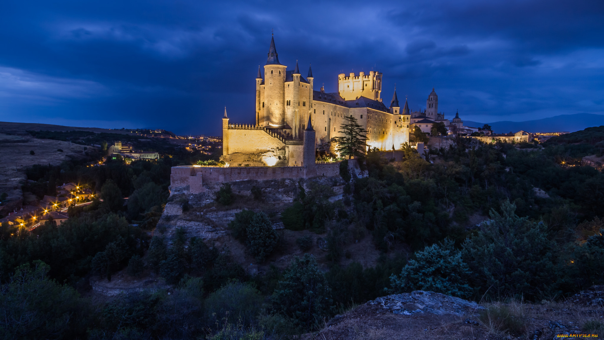 catedral, de, segovia, города, -, католические, соборы, , костелы, , аббатства, замок, холм, ночь