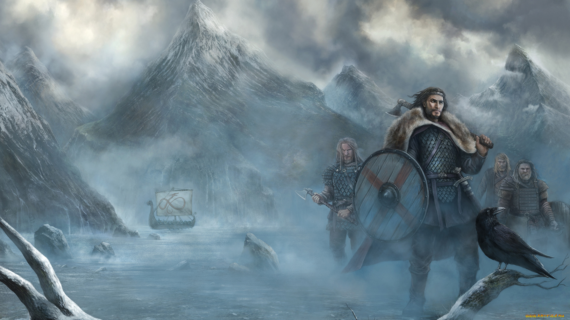 фэнтези, люди, зима, корабль, воины, викинги, ворон, горы