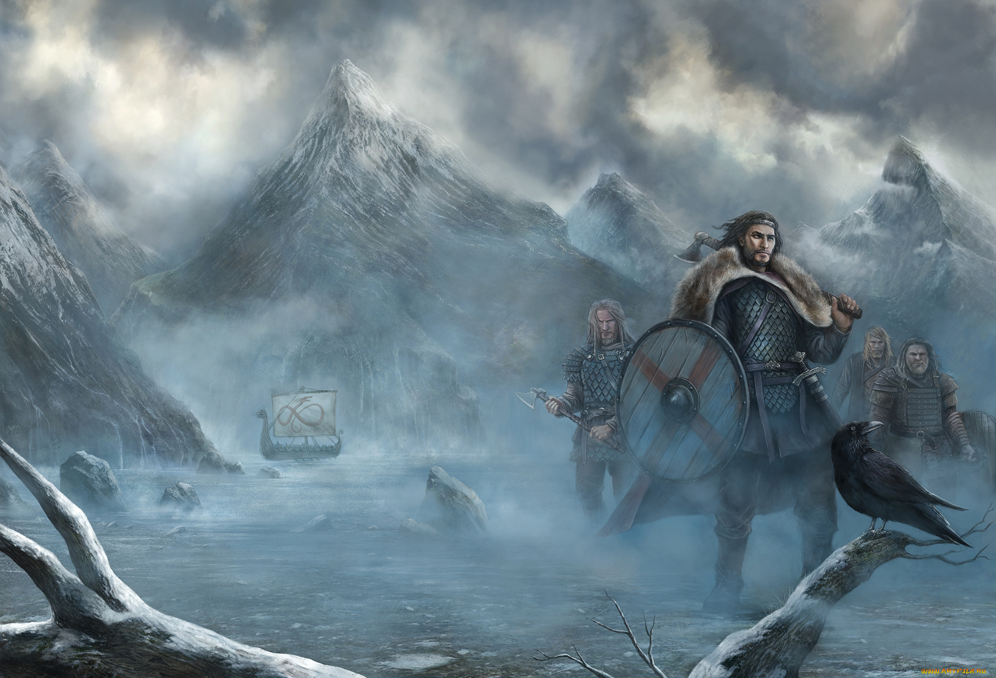 фэнтези, люди, зима, корабль, воины, викинги, ворон, горы
