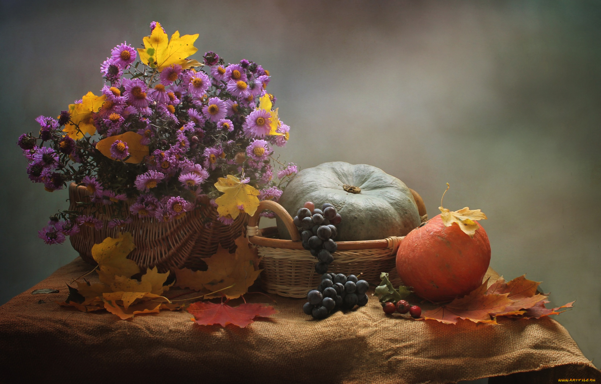 еда, натюрморт, цветы, тыква, букет, листья, осень, виноград