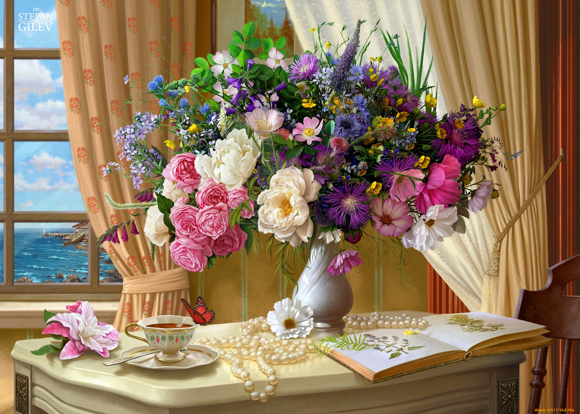 рисованное, цветы, окно, бабочка, чай, букет, стол, живопись, шторы, ваза, жемчуг, чашка, арт, помещение
