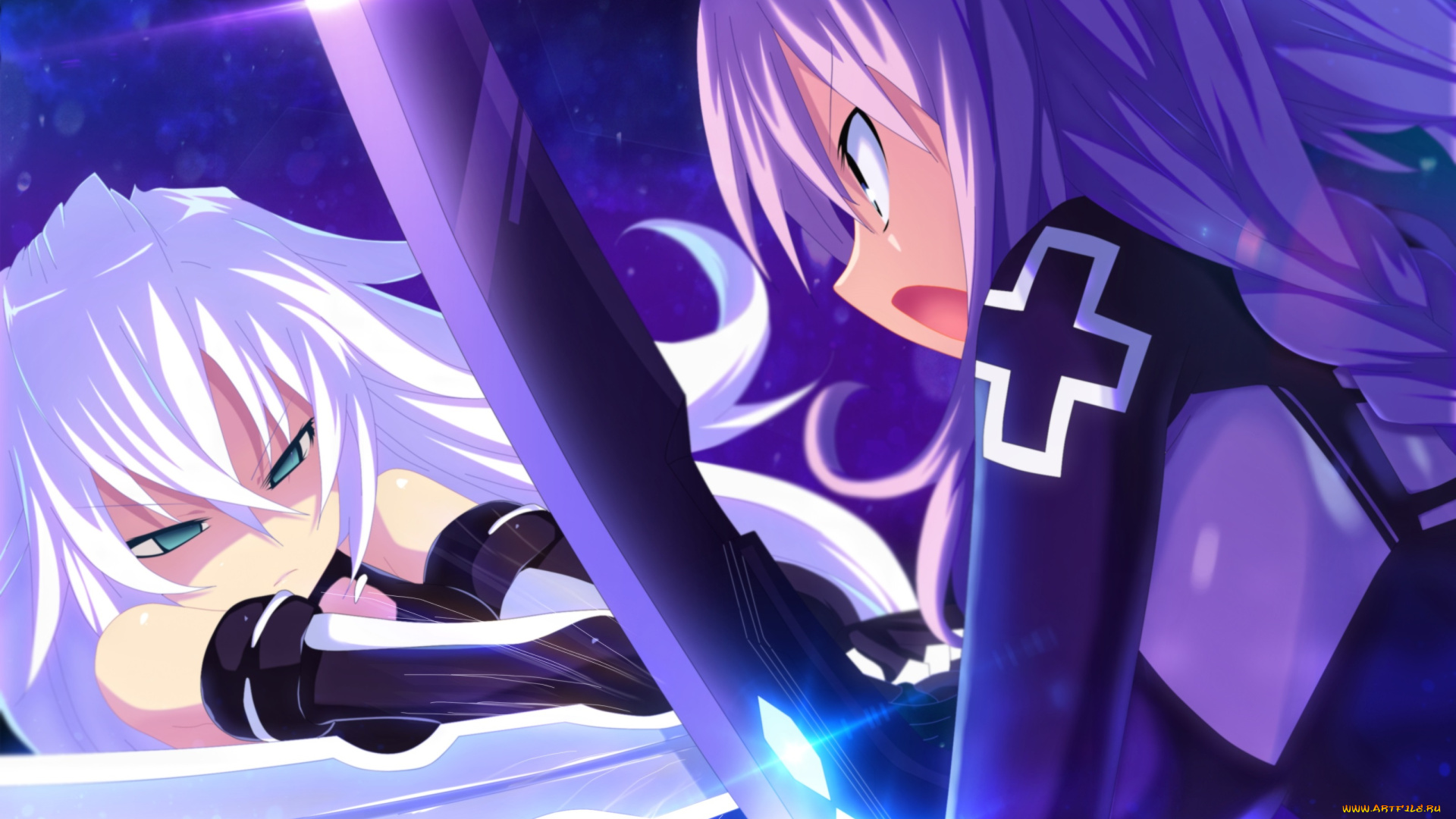 аниме, hyperdimension, neptunia, сражение, оружие, девочки, black, heart, hyperdimension, neptunia, арт, planeptune, purple