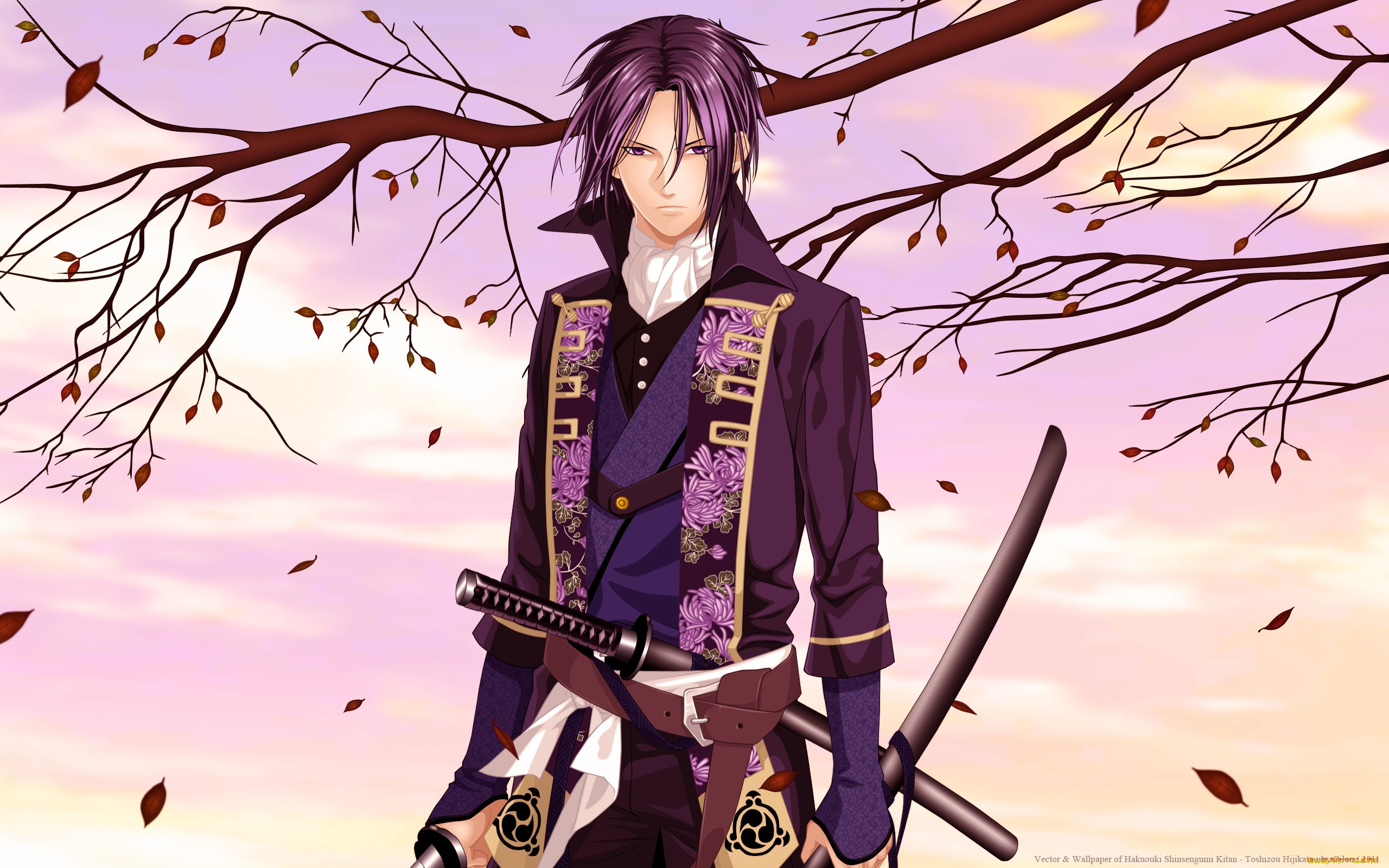 аниме, hakuoki, парень, закат, меч, ветки, hakuouki