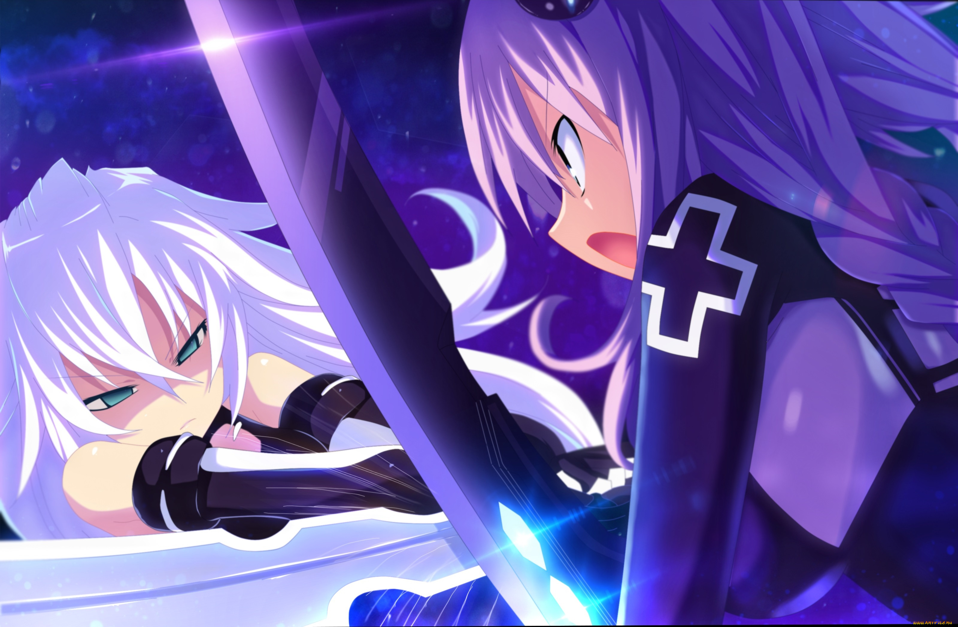 аниме, hyperdimension, neptunia, сражение, оружие, девочки, black, heart, hyperdimension, neptunia, арт, planeptune, purple