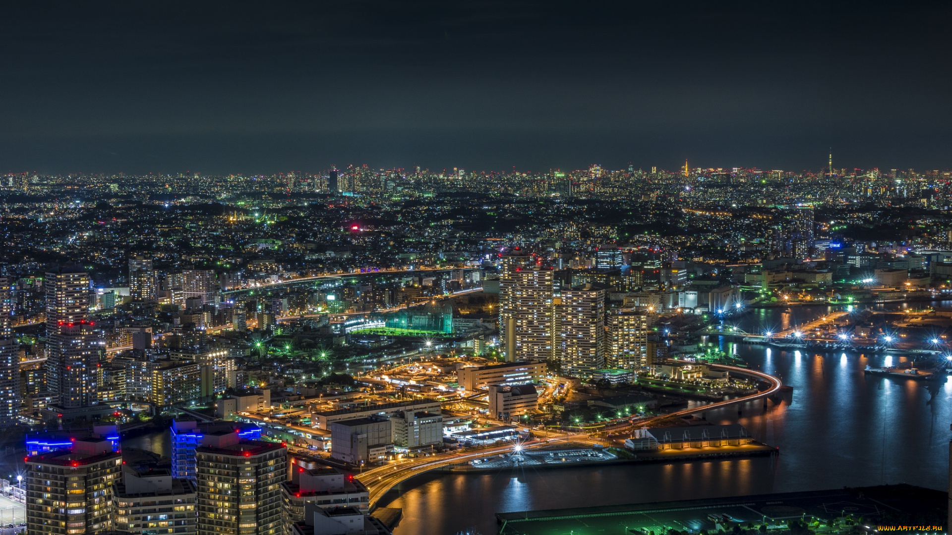 города, токио, , Япония, токио, ночь, огни, yokohama, bay