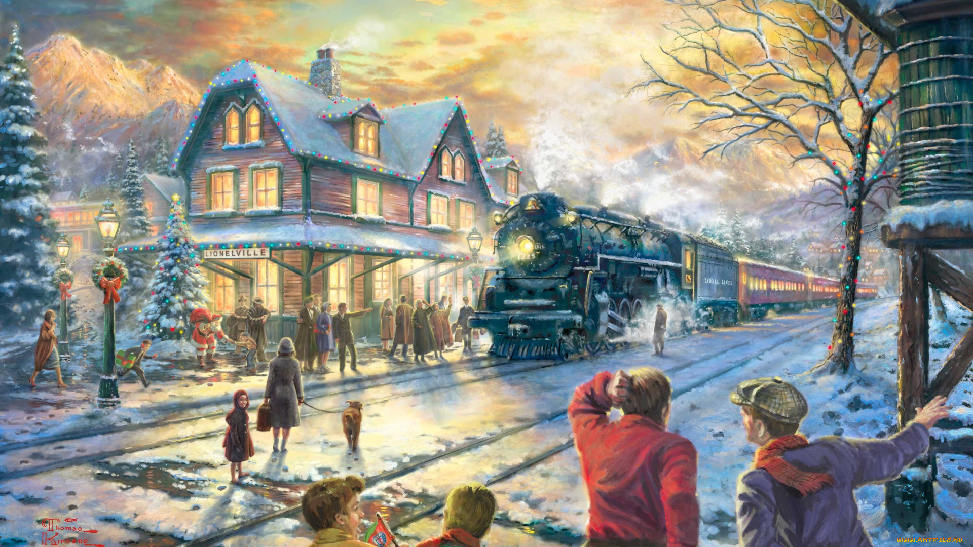 all, aboard, for, christmas, рисованные, thomas, kinkade, санта, клаус, ёлка, рождество, зима, праздник, железная, дорога, поезд, люди