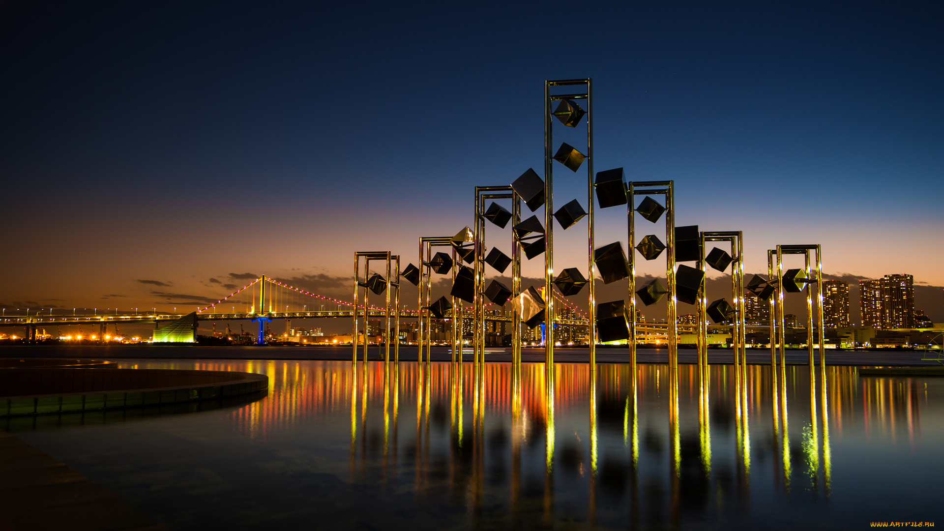 harumi, wharf, tokyo, japan, города, токио, Япония, ночной, город, отражение, мост