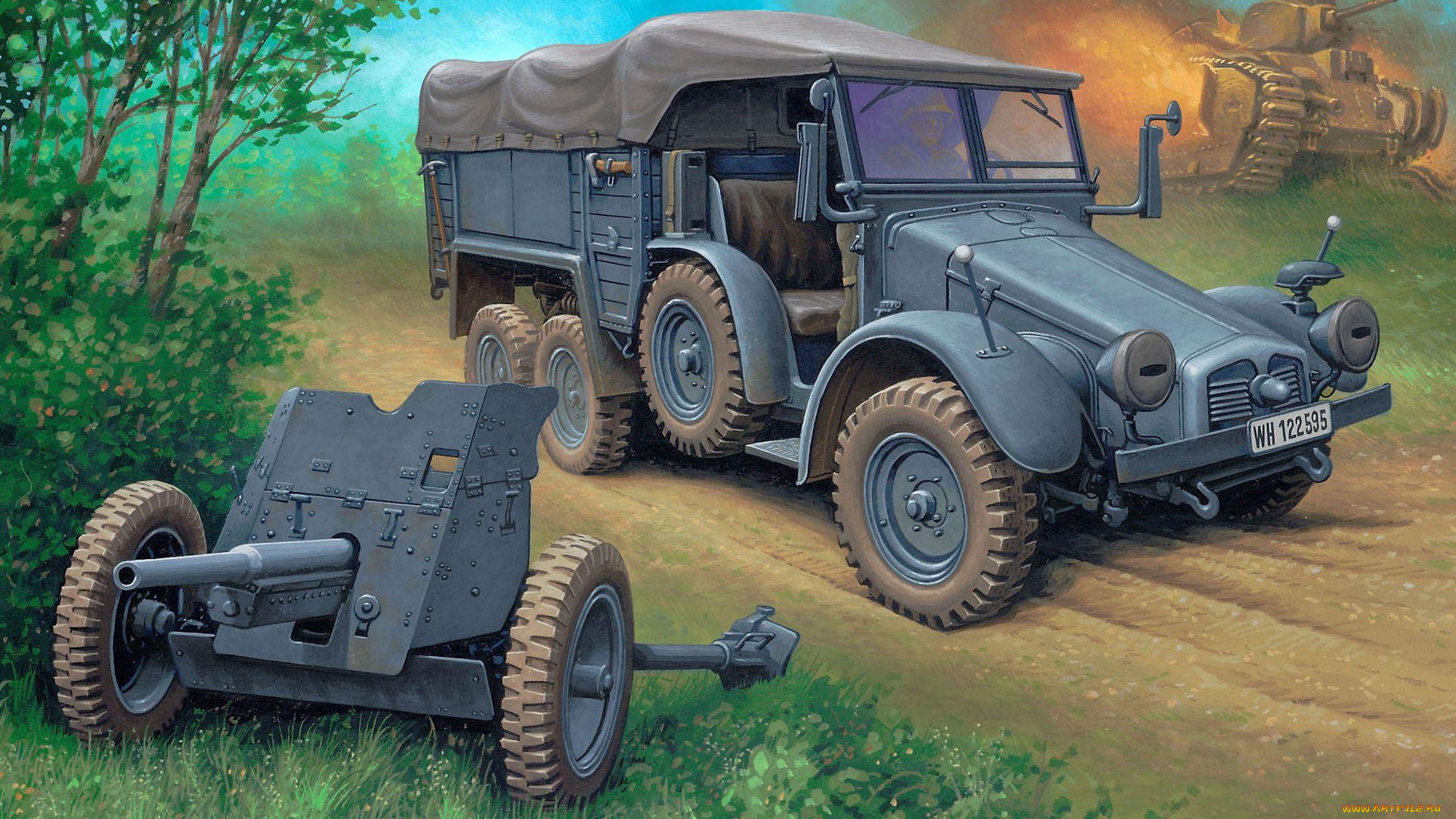 рисованные, армия, krupp, protze, 7cm, pak, пушка, 3, kfz, 69