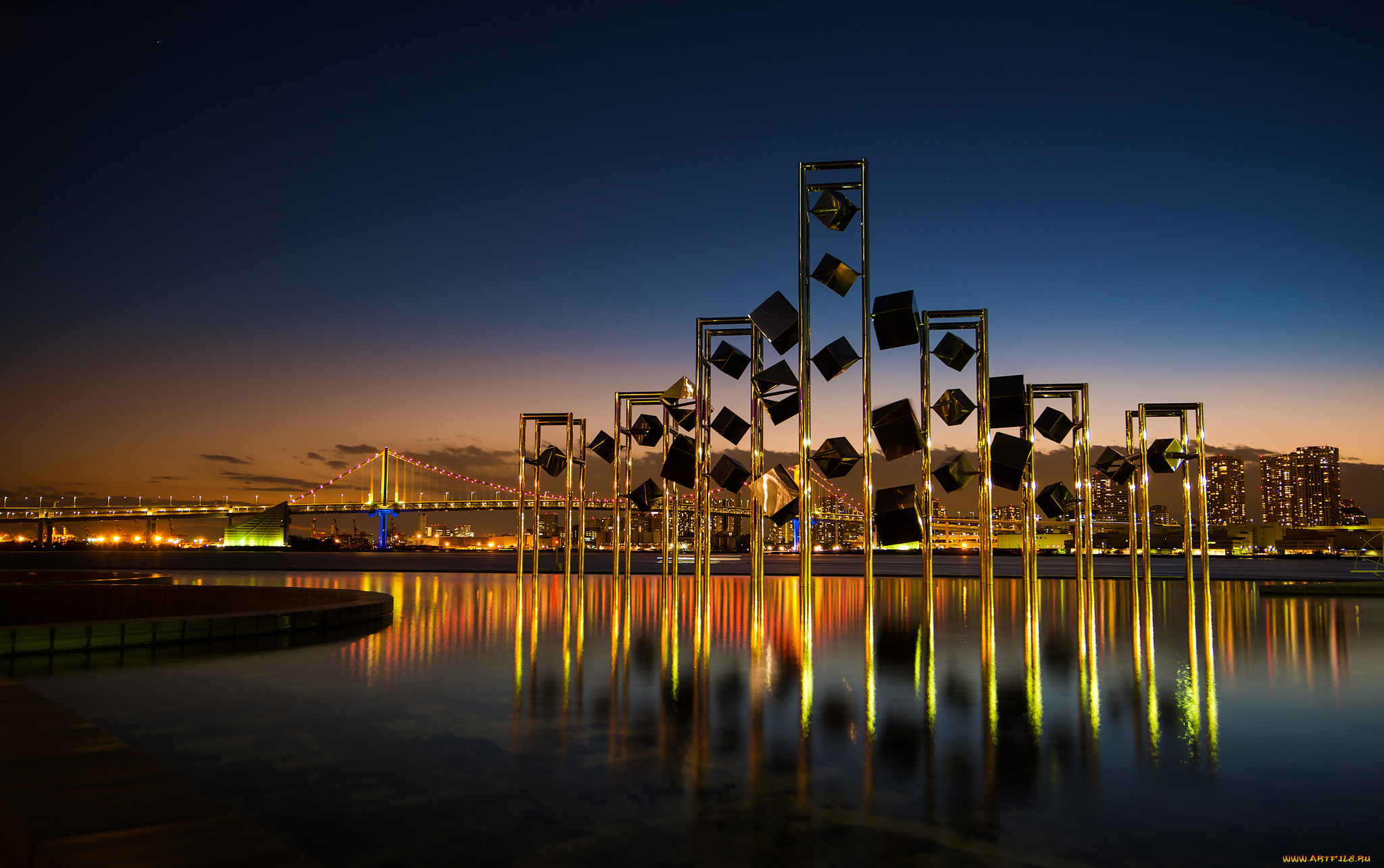 harumi, wharf, tokyo, japan, города, токио, Япония, ночной, город, отражение, мост