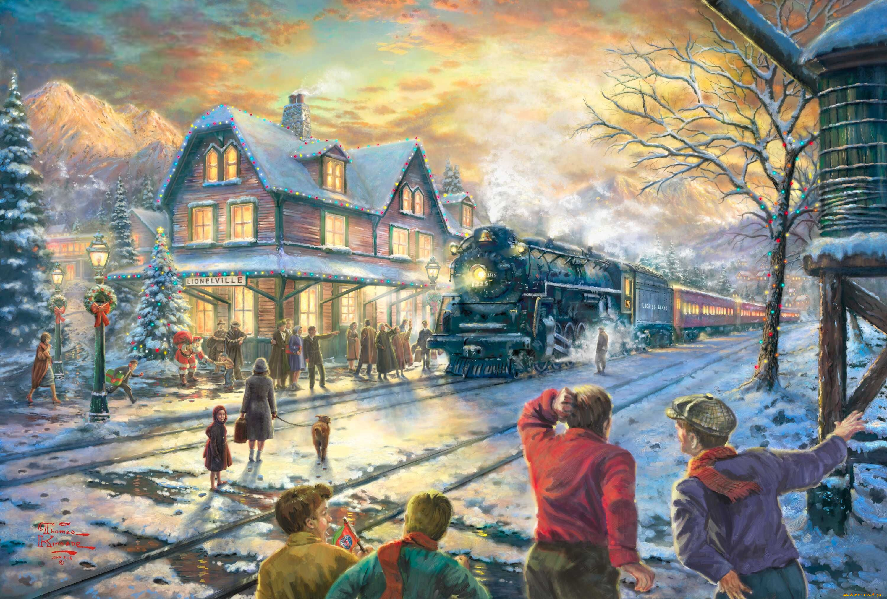 all, aboard, for, christmas, рисованные, thomas, kinkade, санта, клаус, ёлка, рождество, зима, праздник, железная, дорога, поезд, люди