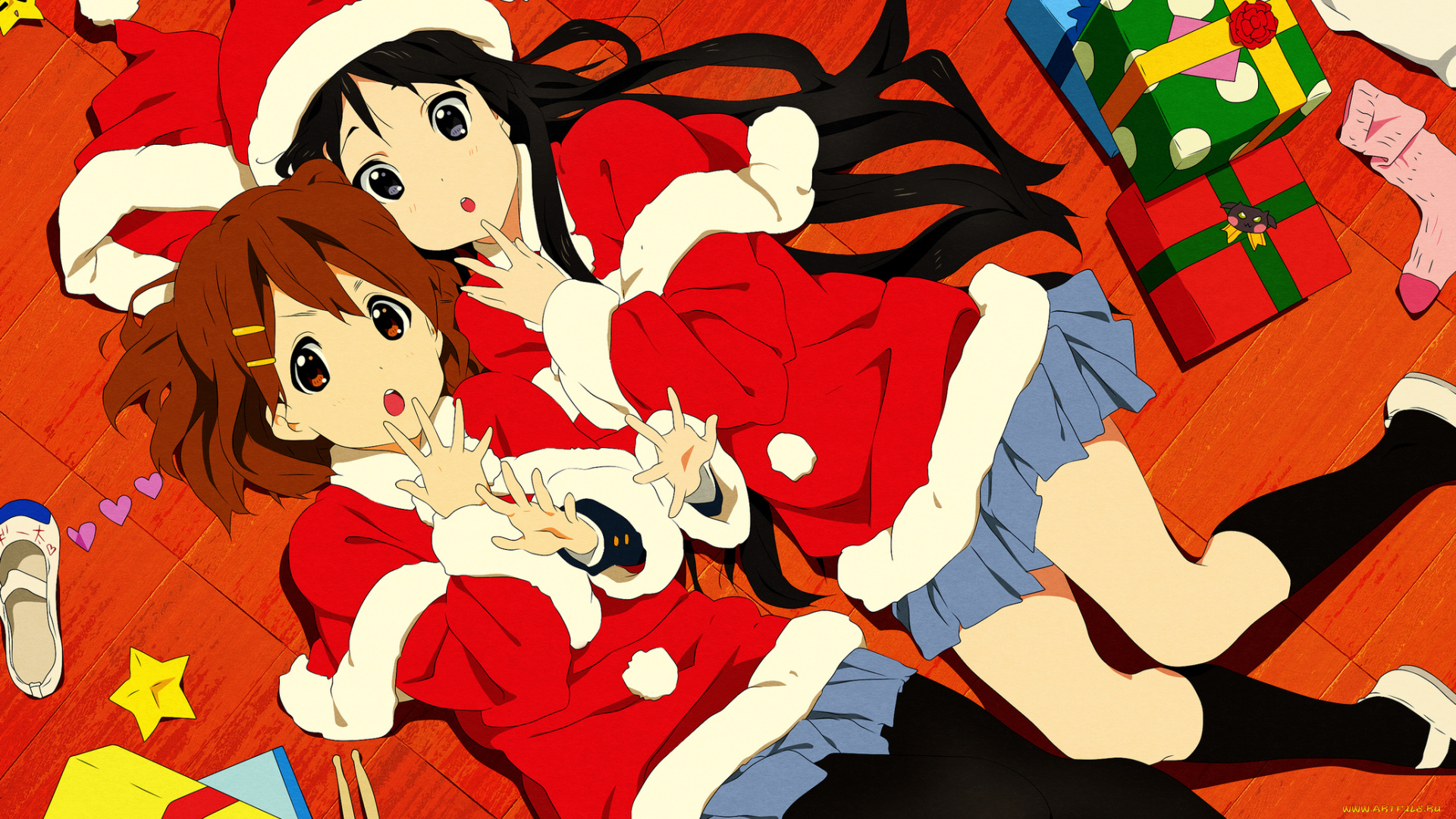 аниме, k-on, merry, chrismas, winter, палочки, подарки, пол, носок, шляпа, звезда, костюм, hirasawa, yui, akiyama, mio