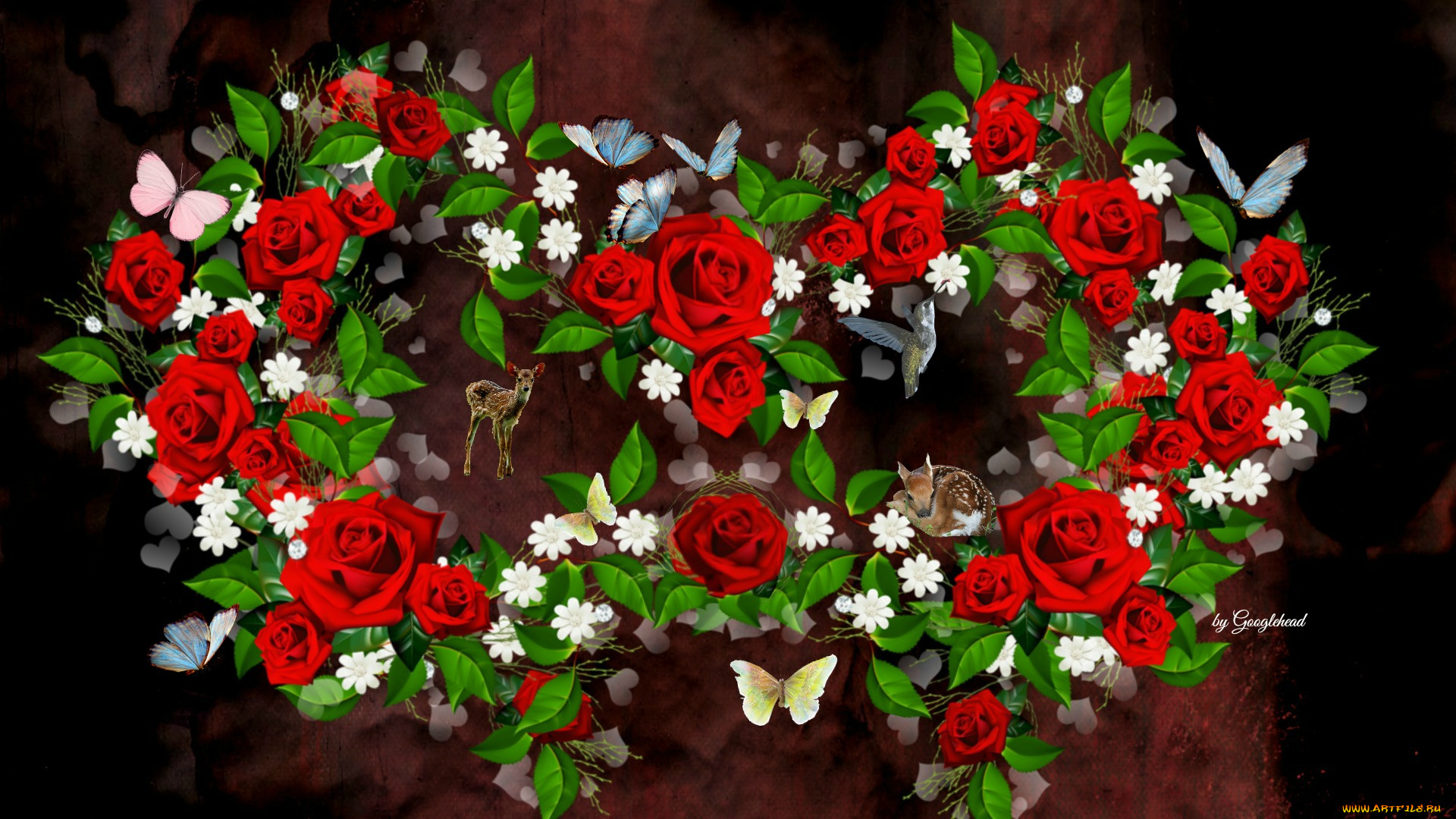 праздничные, день, св, , валентина, , сердечки, , любовь, животные, бабочки, листочки, фон, цветочки, розы
