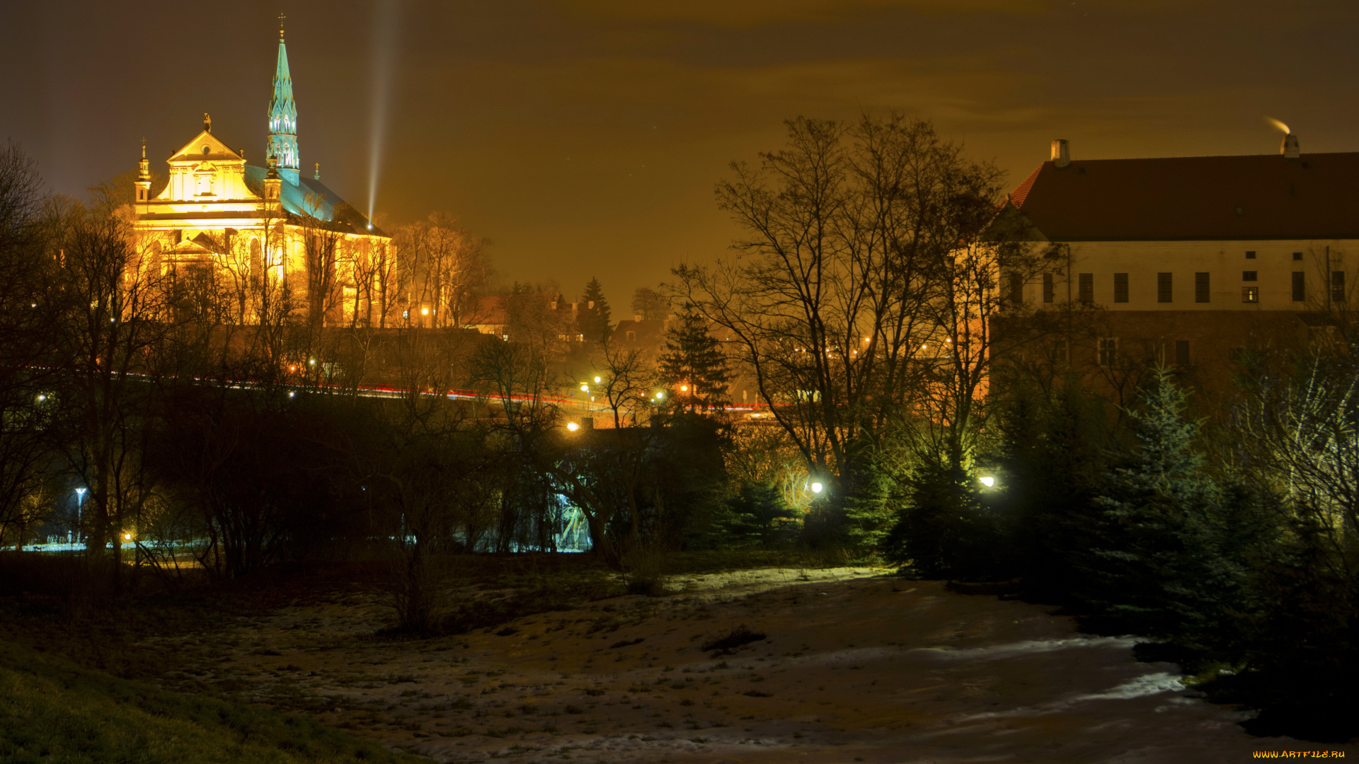 sandomierz, , poland, города, -, огни, ночного, города, зима, польша, огни, дома, ночь, снег
