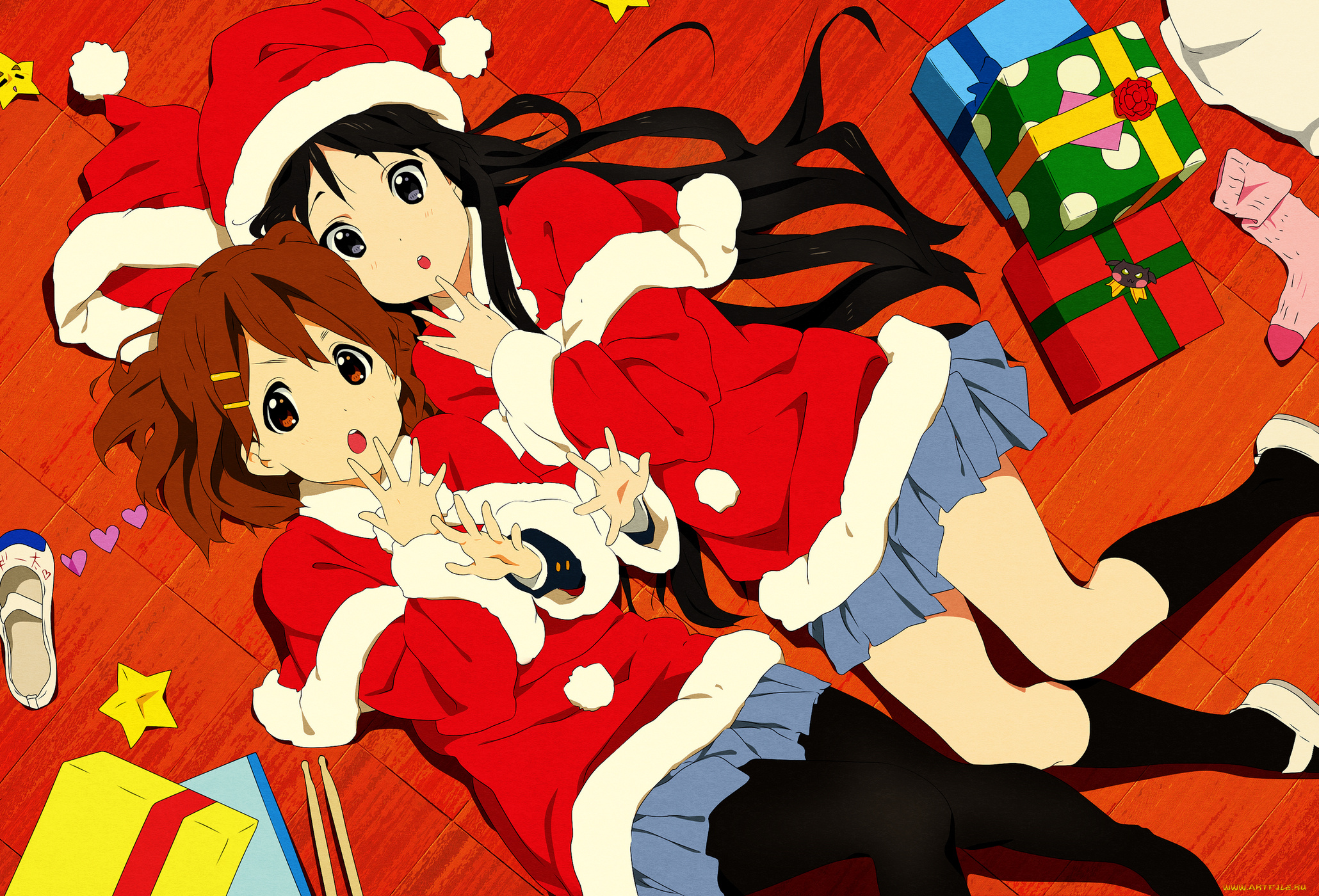 аниме, k-on, merry, chrismas, winter, палочки, подарки, пол, носок, шляпа, звезда, костюм, hirasawa, yui, akiyama, mio