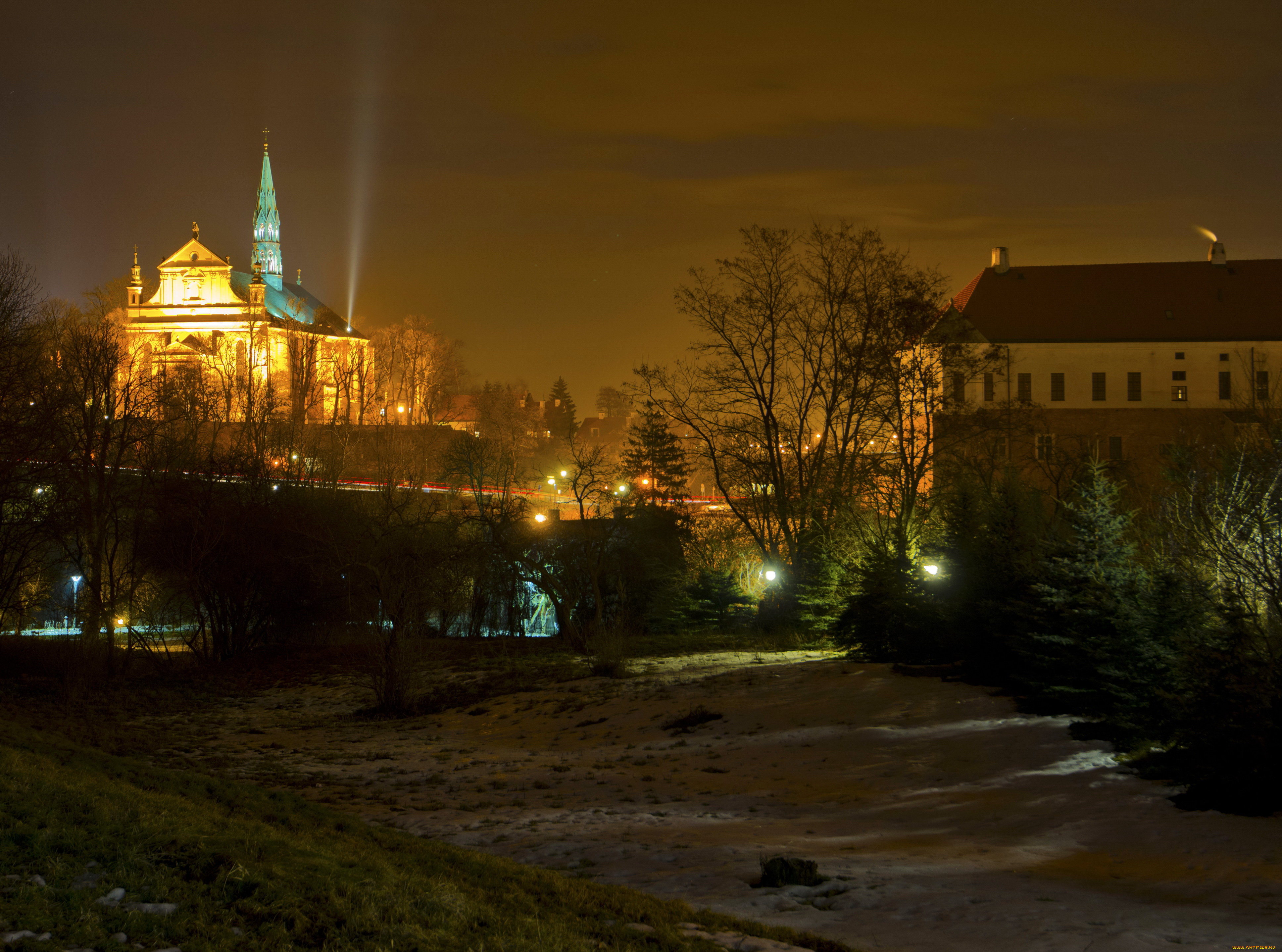 sandomierz, , poland, города, -, огни, ночного, города, зима, польша, огни, дома, ночь, снег