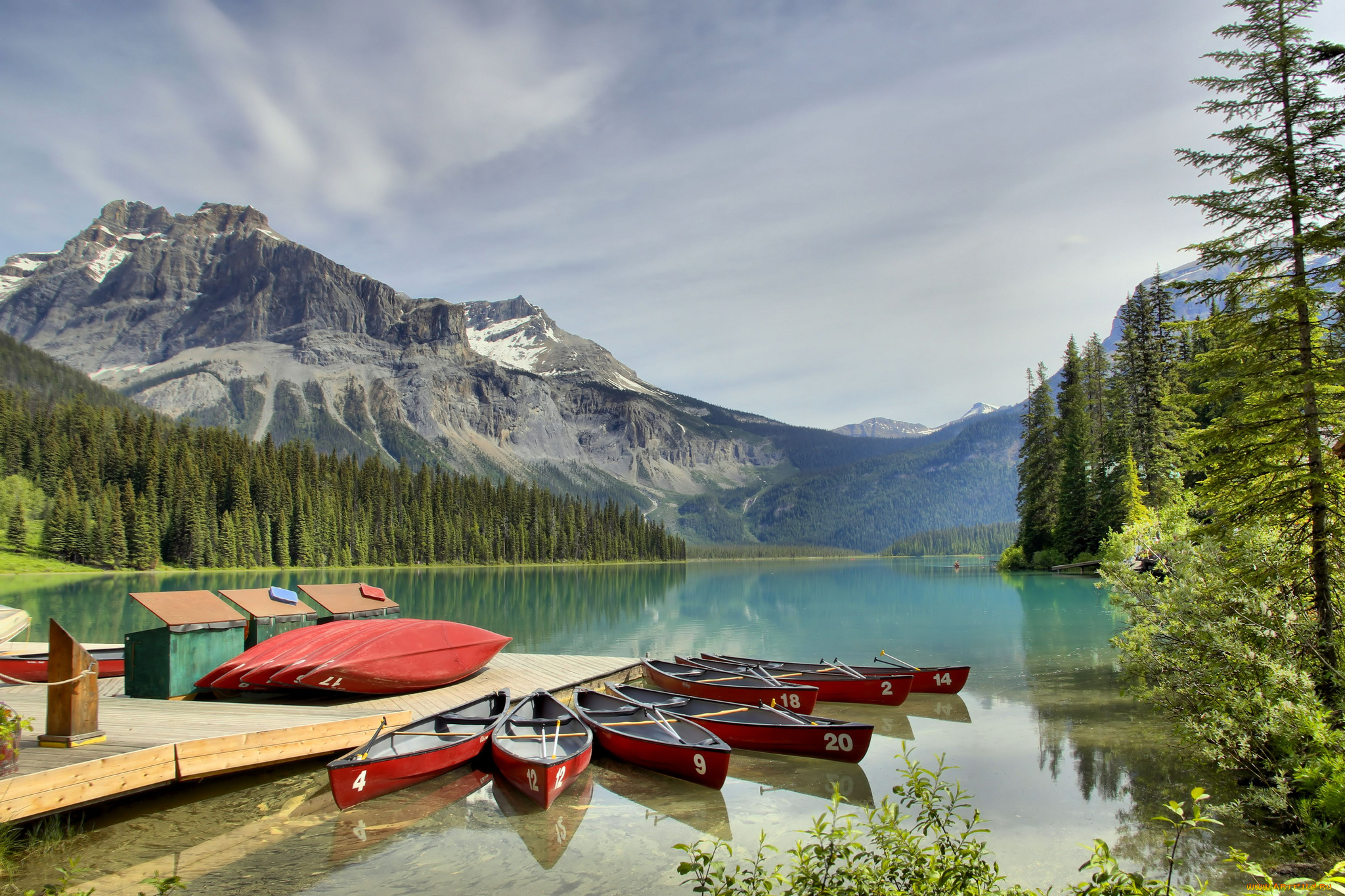 корабли, лодки, , шлюпки, горы, пристань, лес, озеро, yoho, national, park, emerald, lake