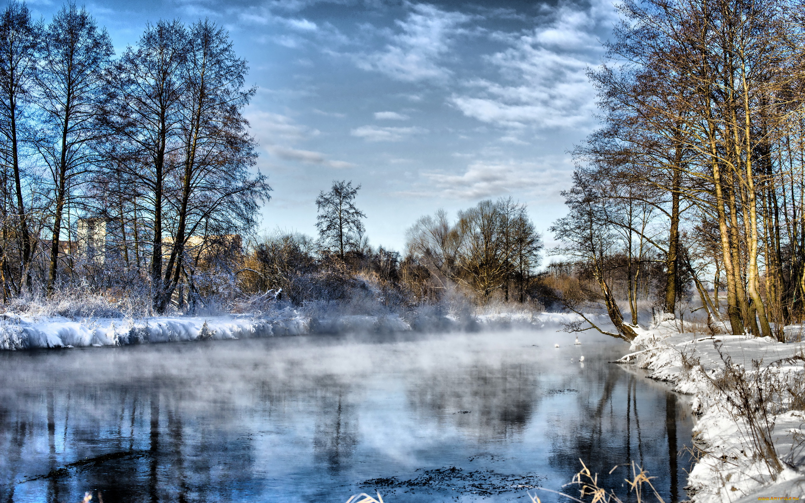 природа, реки, озера, деревья, зима, снег