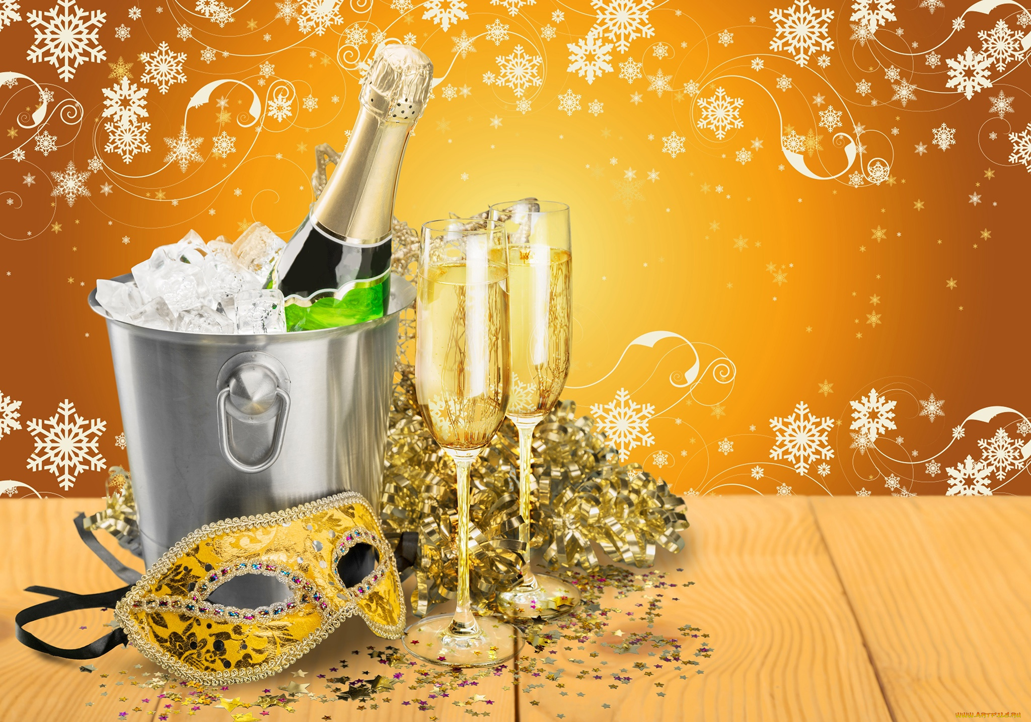 праздничные, угощения, лед, новый, год, шампанское, мишура, бокалы, узоры, маска