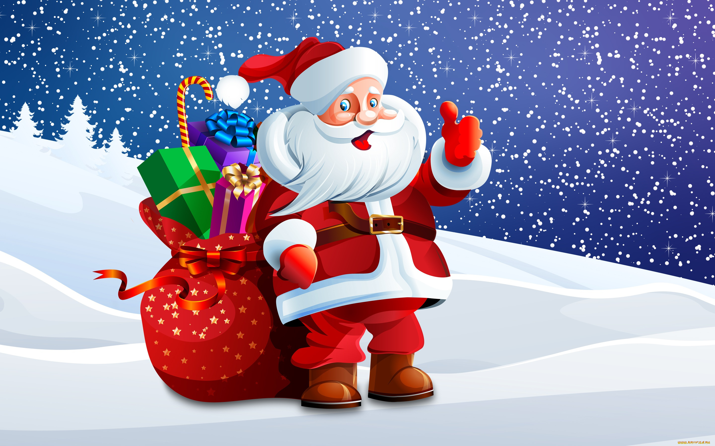 праздничные, векторная, графика, , новый, год, санта, мешок, костюм, дедушка, клаус, дед, новый, год, снежинки, фон, сугробы, праздник, рождество, снег, санта-клаус, -, подарки