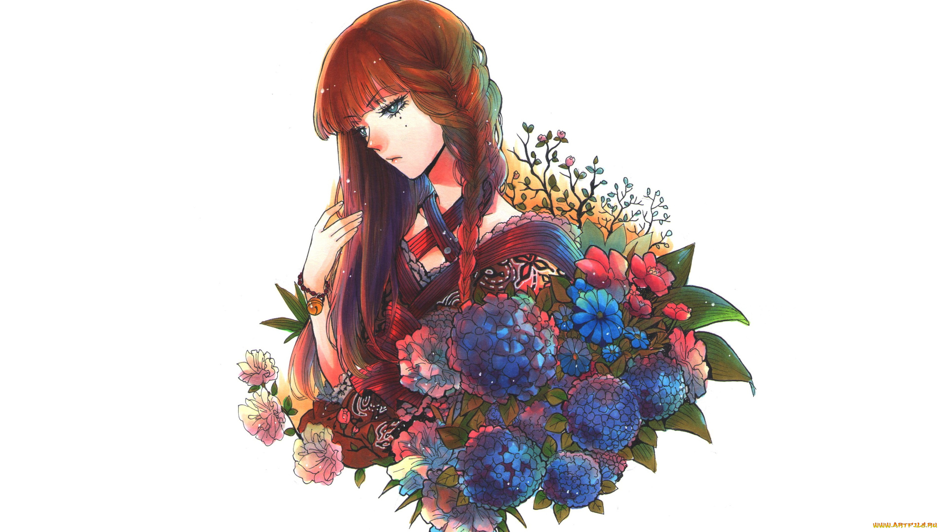 аниме, unknown, , другое, , девушка, цветы