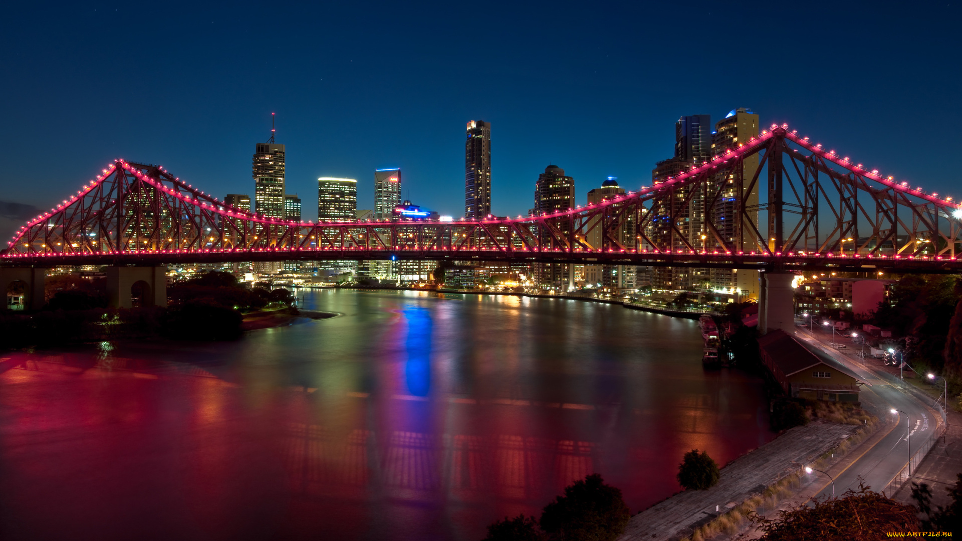 города, мосты, река, мост, огни, ночь, story, bridge, brisbane, australia