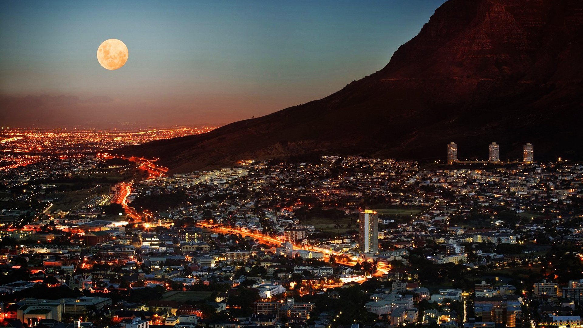 города, огни, ночного, горы, ночь, луна, город, кейптаун, юар