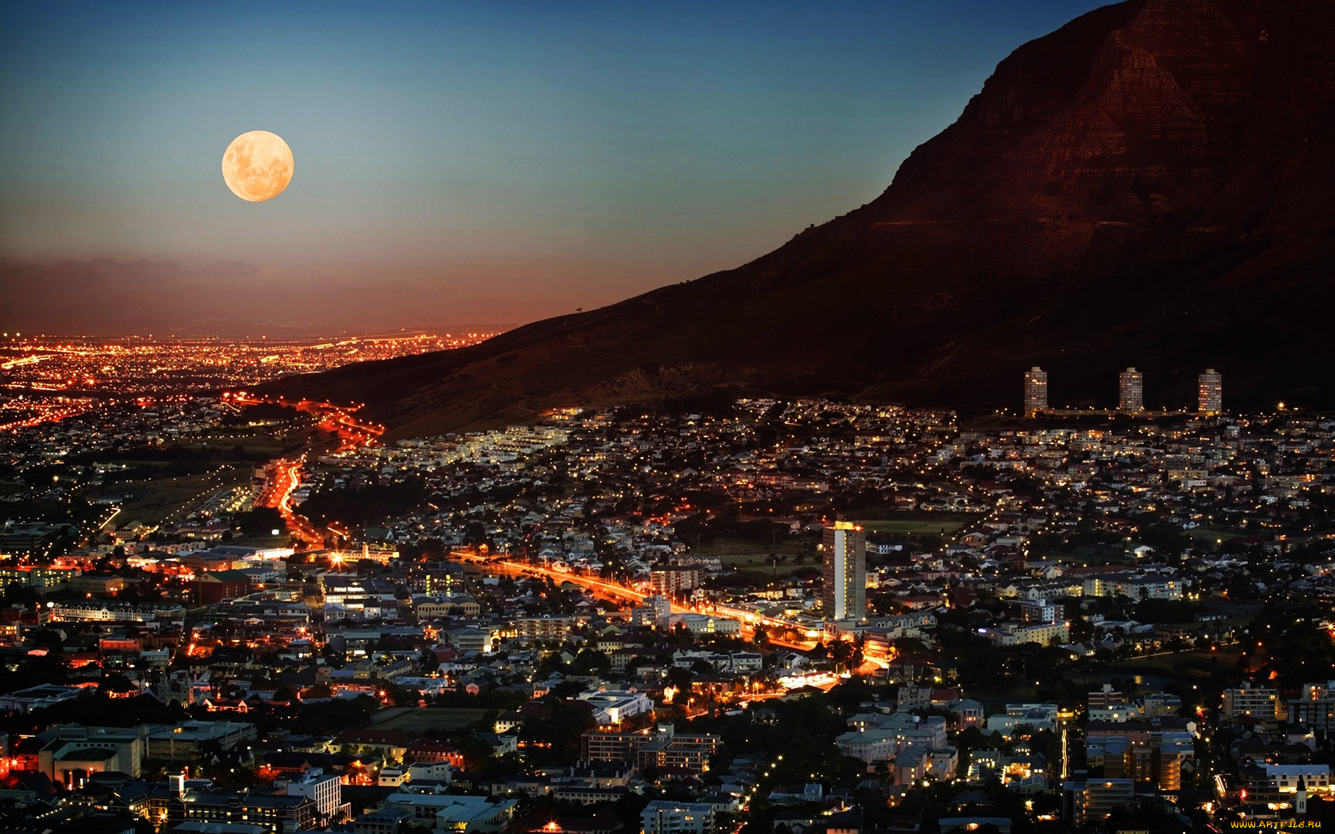города, огни, ночного, горы, ночь, луна, город, кейптаун, юар