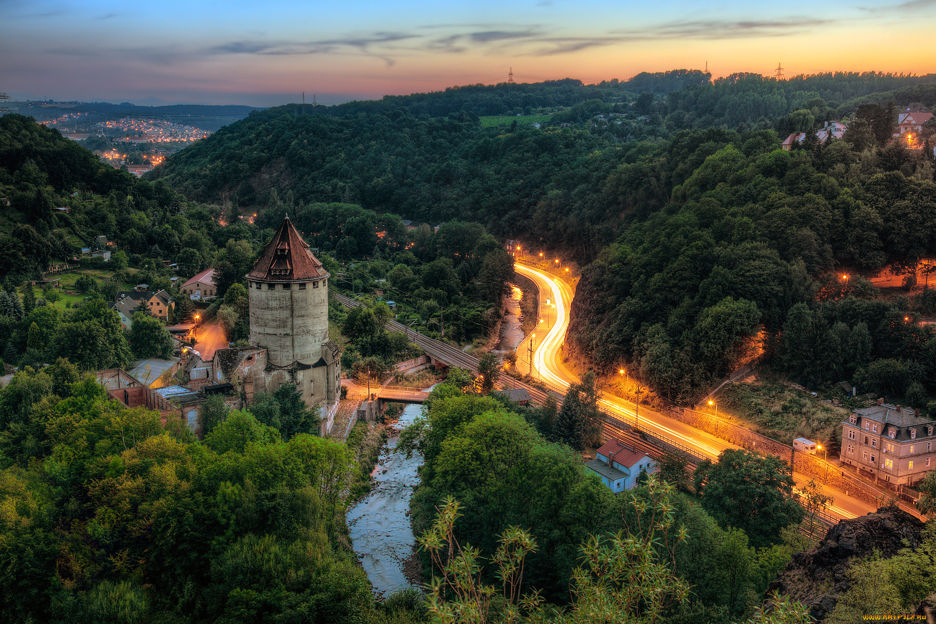 города, дворцы, замки, крепости, замок, деревья, дорога, вечер, freital, saxony, germany