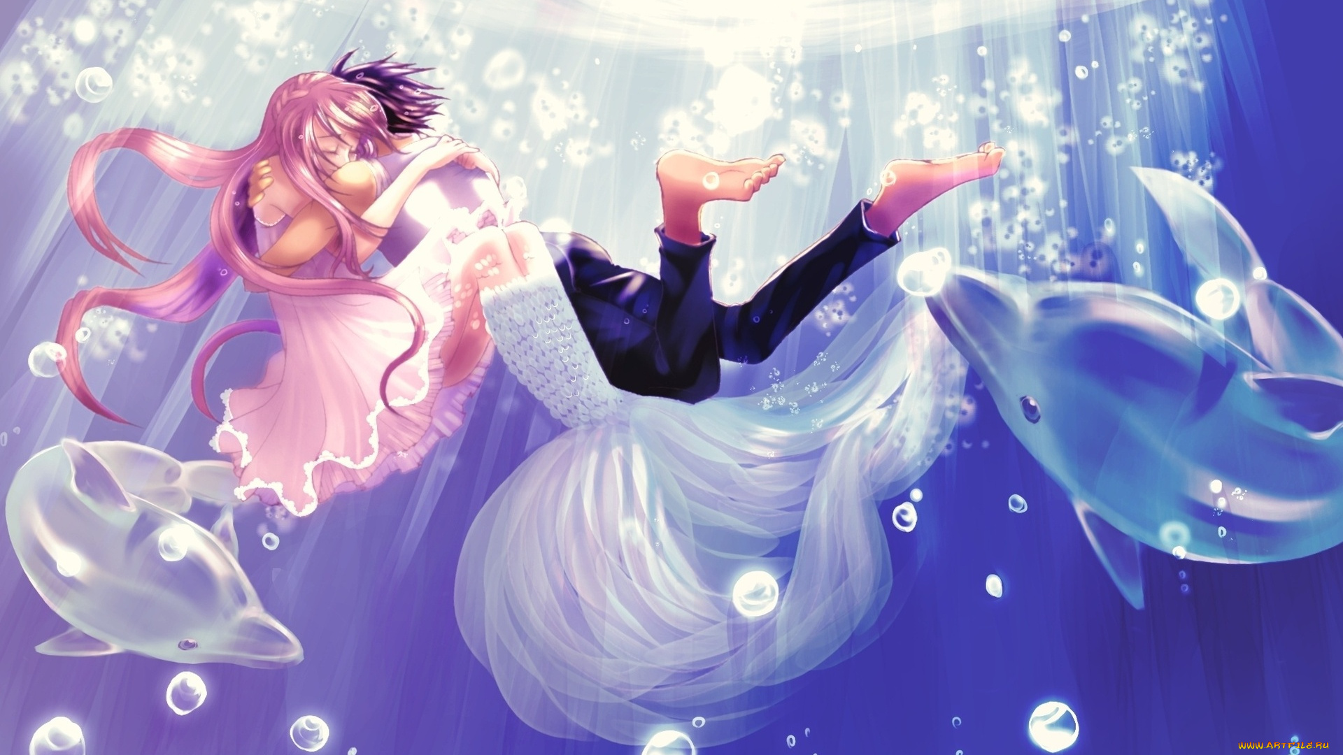 аниме, *unknown, , другое, парень, девушка, вода, пузырьки, дельфины, обнимаются