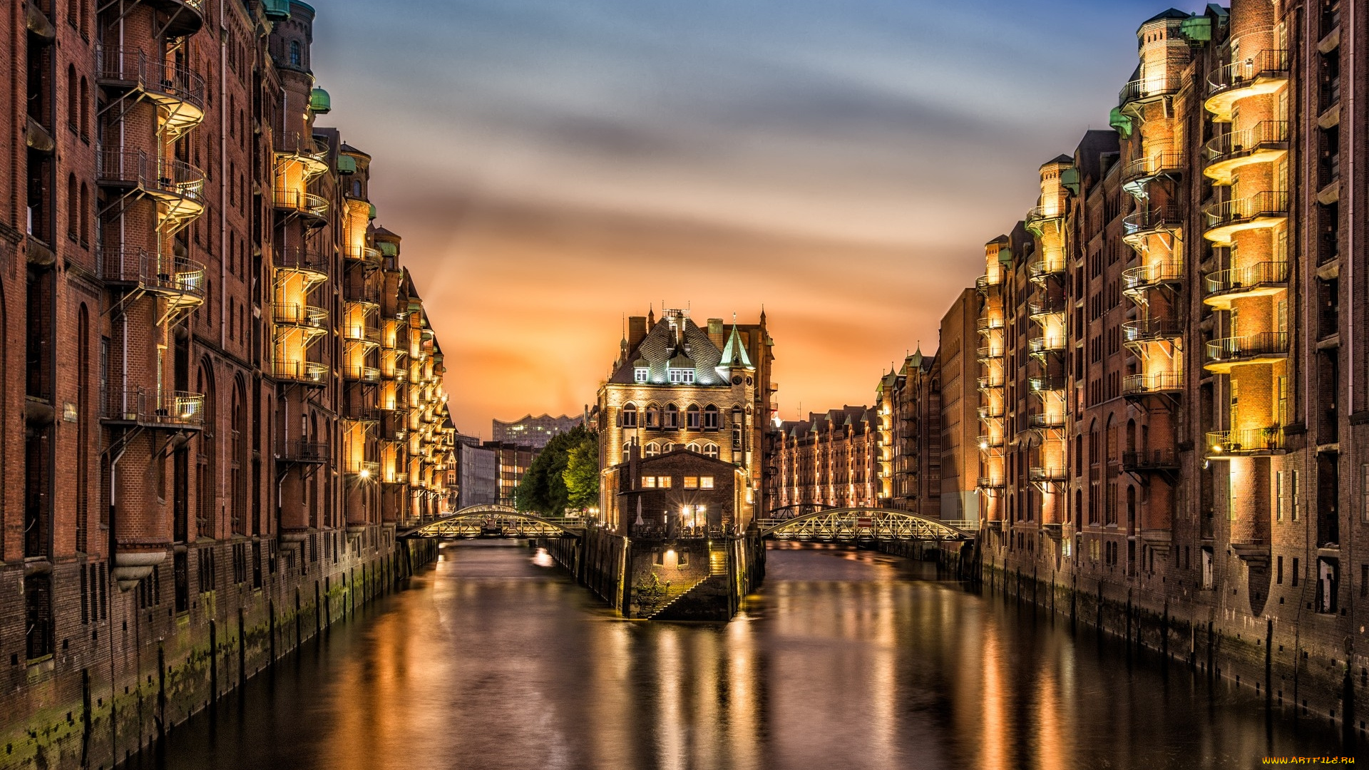 speicherstadt, , , hamburg, , germany, города, -, огни, ночного, города, огни, germany, река, город, дома, канал