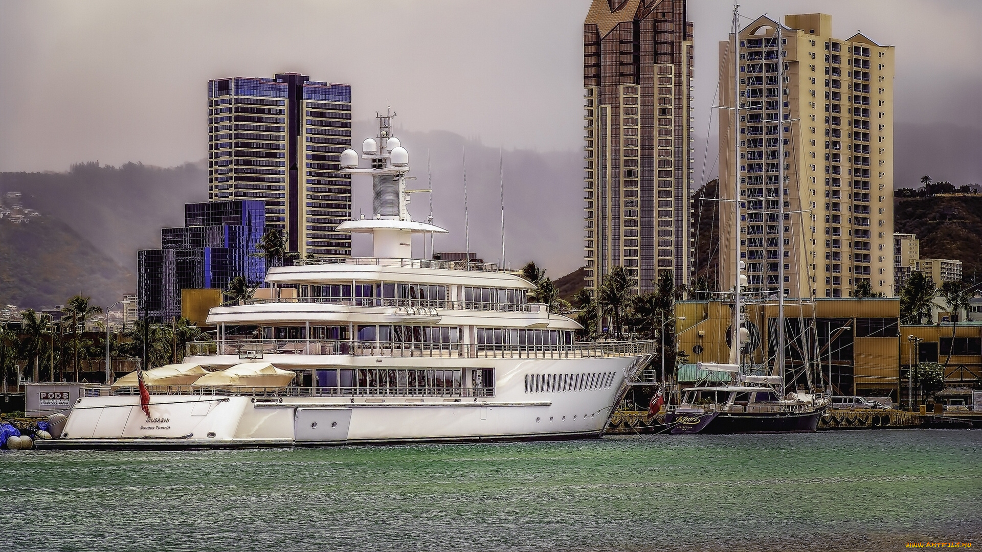 superyacht, musashi, корабли, Яхты, honolulu, musashi, гонолулу, hawaii, гавайи, причал, яхты, здания, hdr