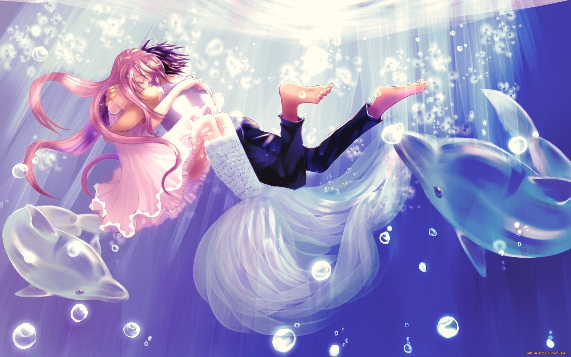 аниме, *unknown, , другое, парень, девушка, вода, пузырьки, дельфины, обнимаются