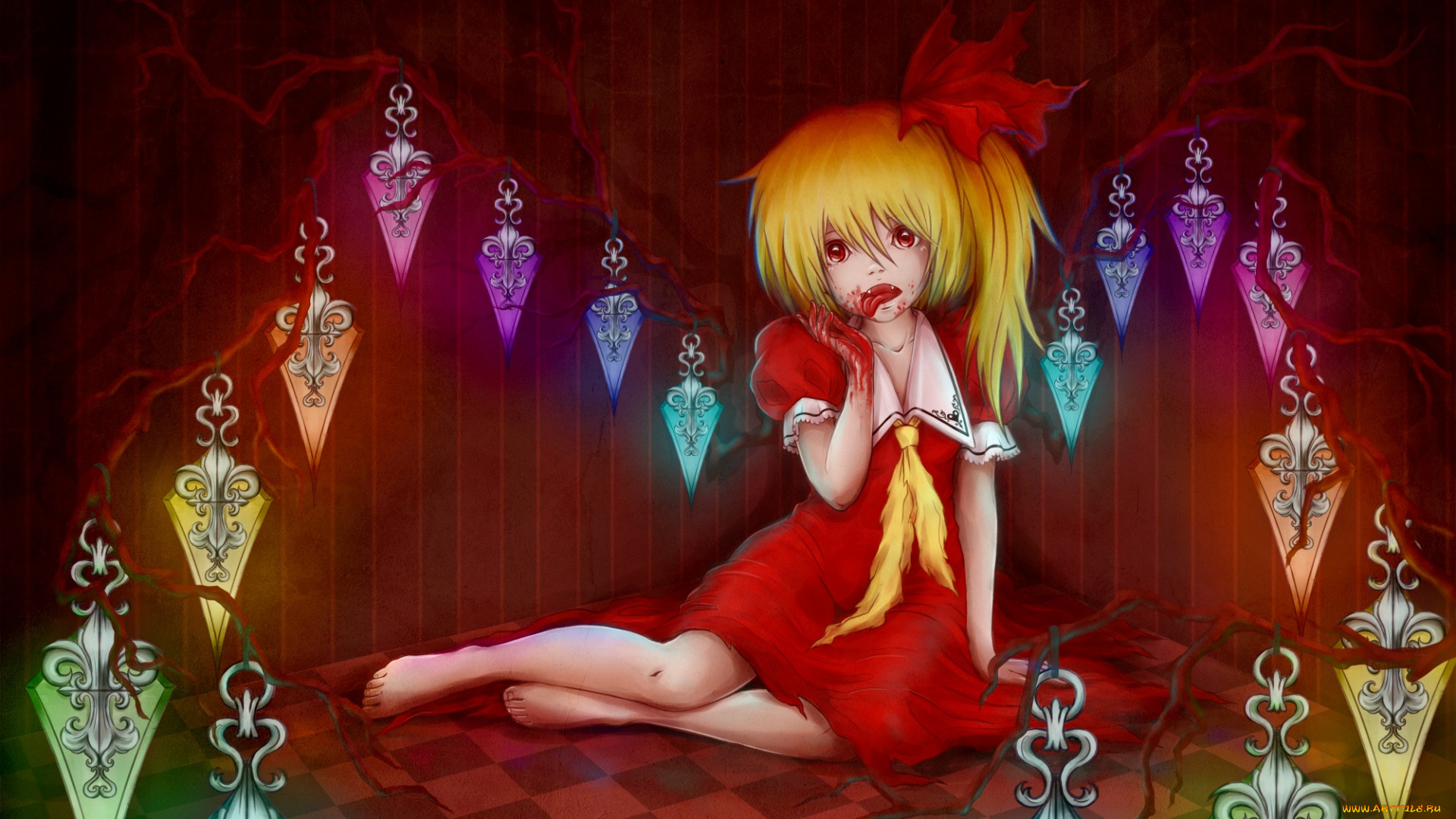 аниме, touhou, кровь, кристаллы, девушка, flandre, scarlet