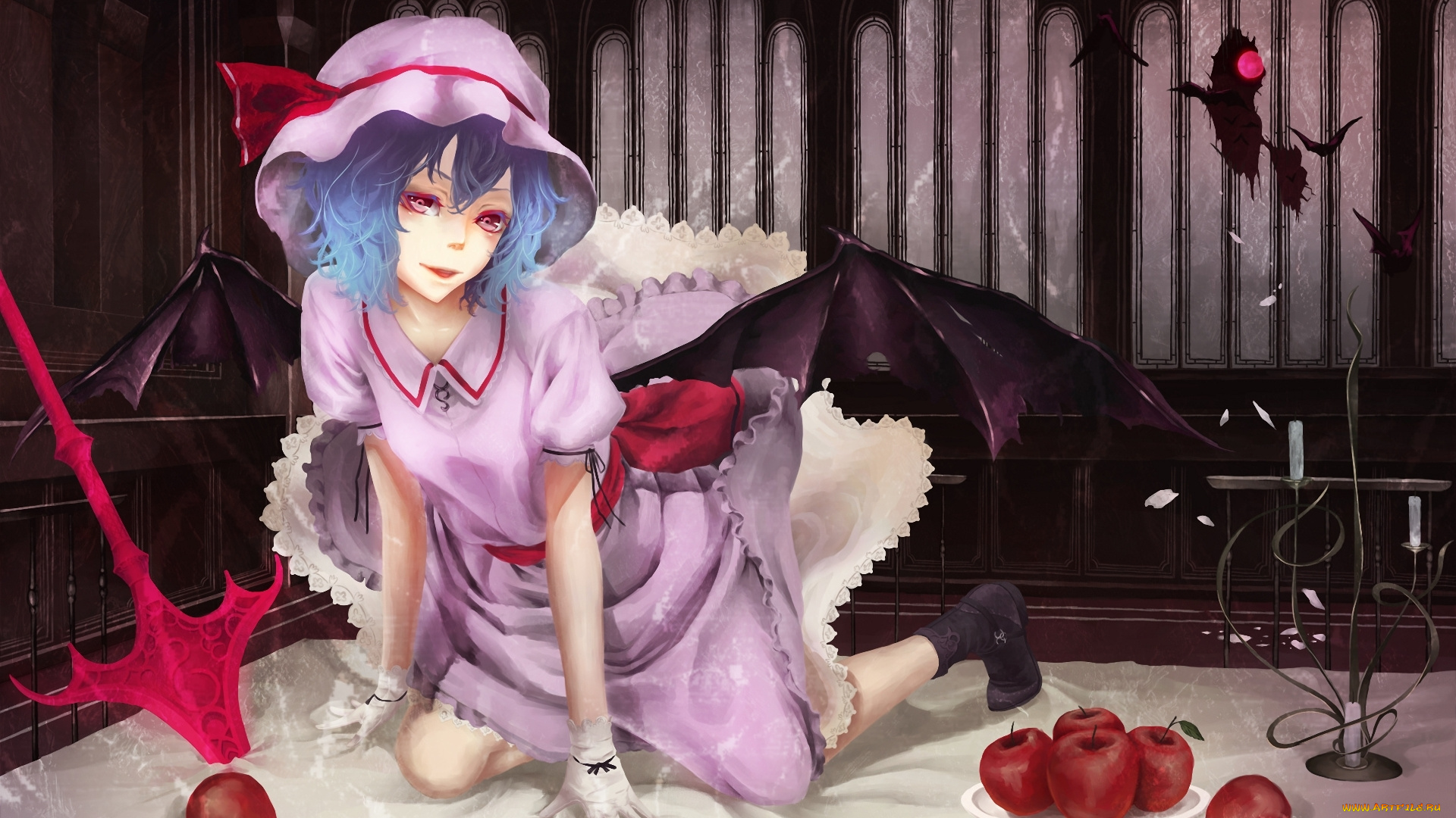 аниме, touhou, remilia, scarlet, оружие, демон, крылья, akaikitsune, яблоки, девушка, арт