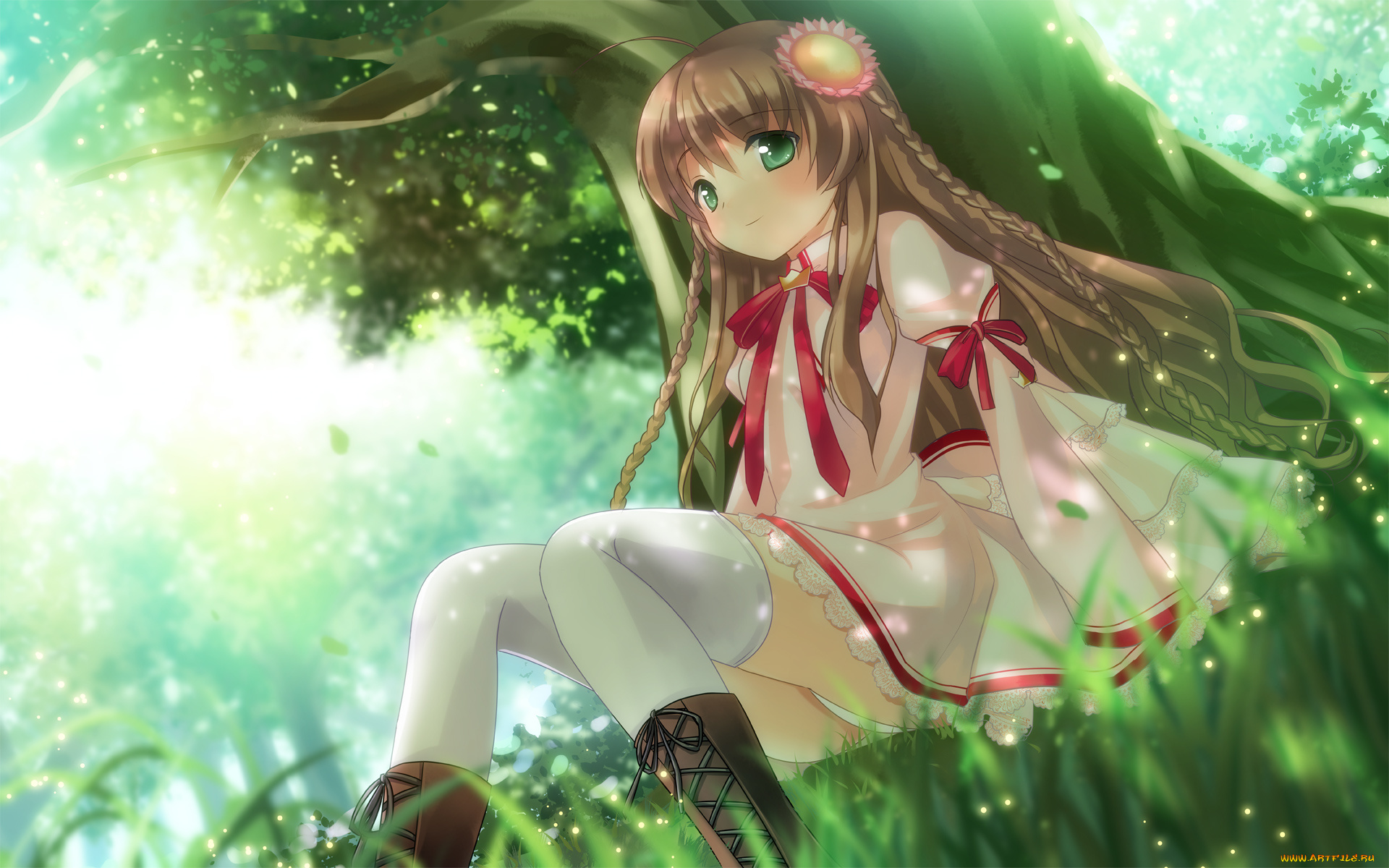 аниме, rewrite, девушка, зелень, дерево, арт, artist, nor, kanbe, kotori, растения