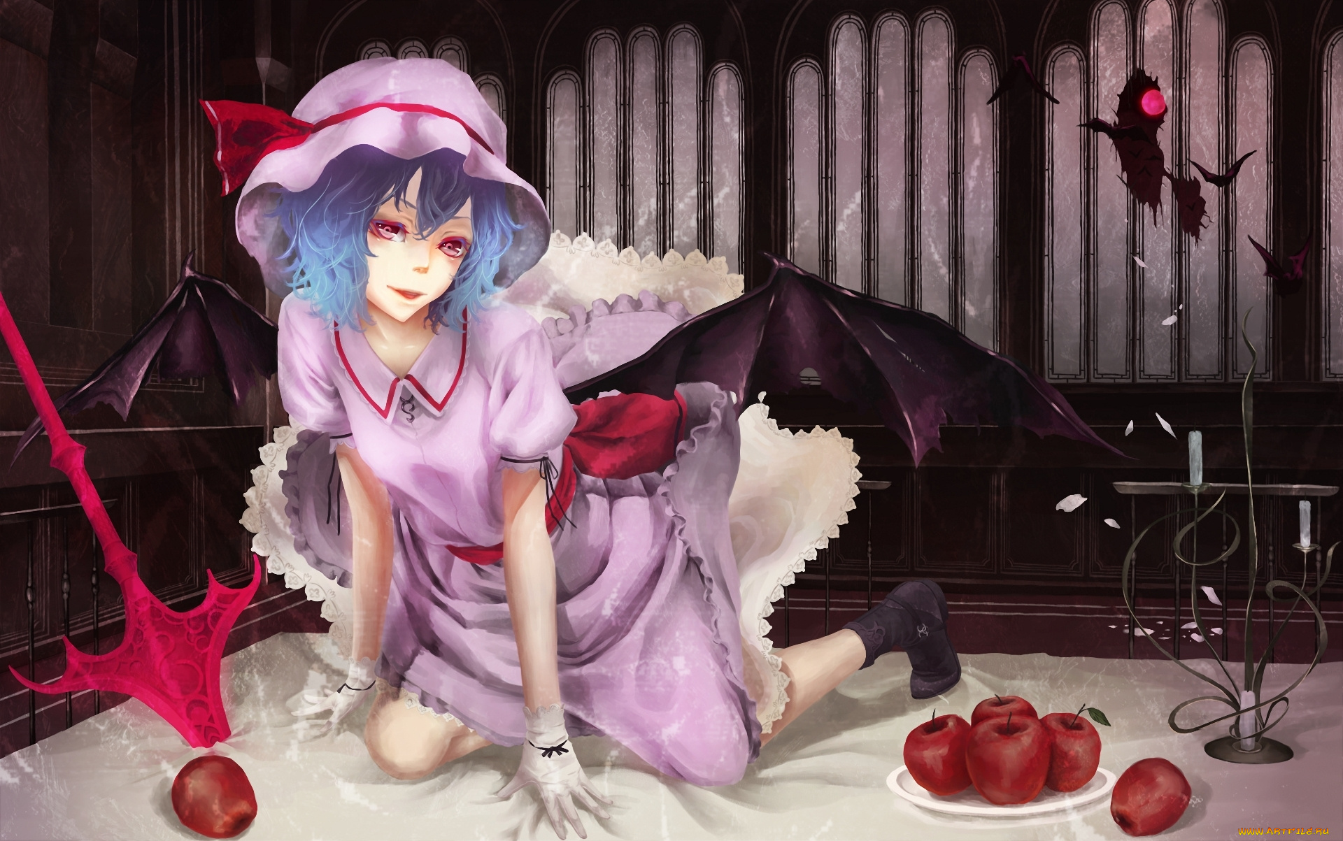аниме, touhou, remilia, scarlet, оружие, демон, крылья, akaikitsune, яблоки, девушка, арт