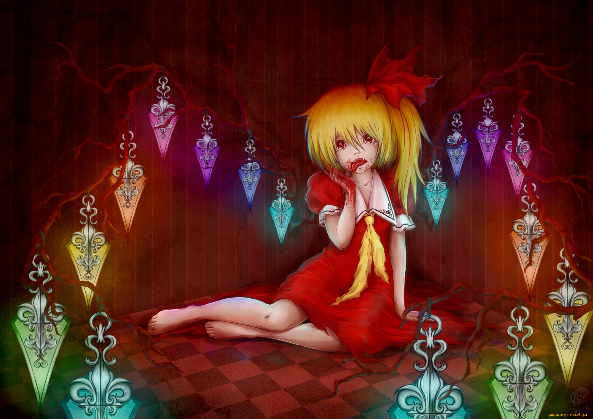 аниме, touhou, кровь, кристаллы, девушка, flandre, scarlet